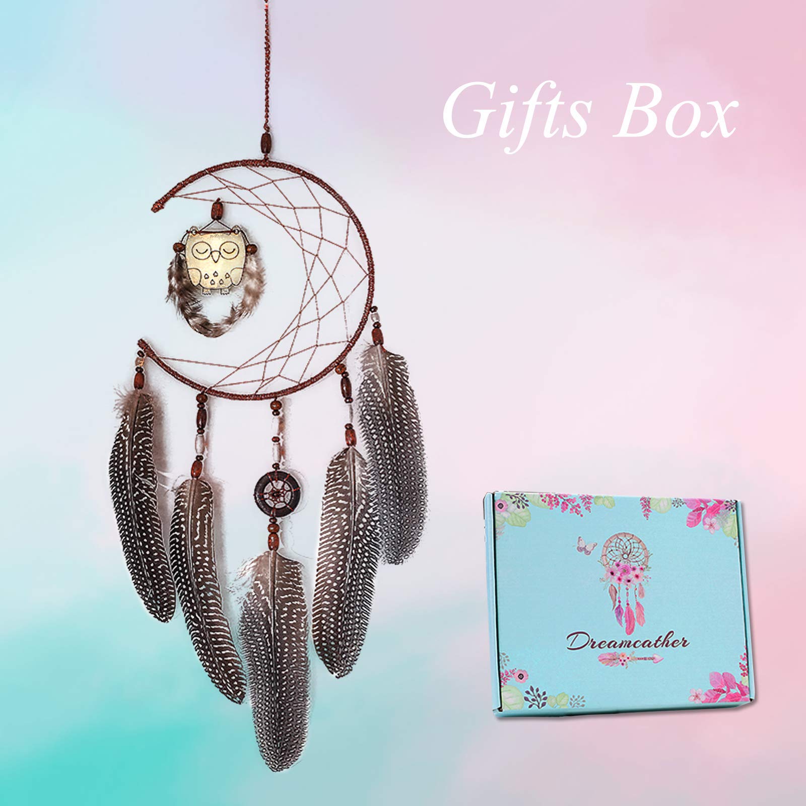 Dream Catcher for Kids - Owl Feather Wall Hanging Decor, Handmade Home Ornament, Moon & Feather Craft for Bedroom, Nursery & Gift | Boho Chic Room Decor for Girls Boys Teens