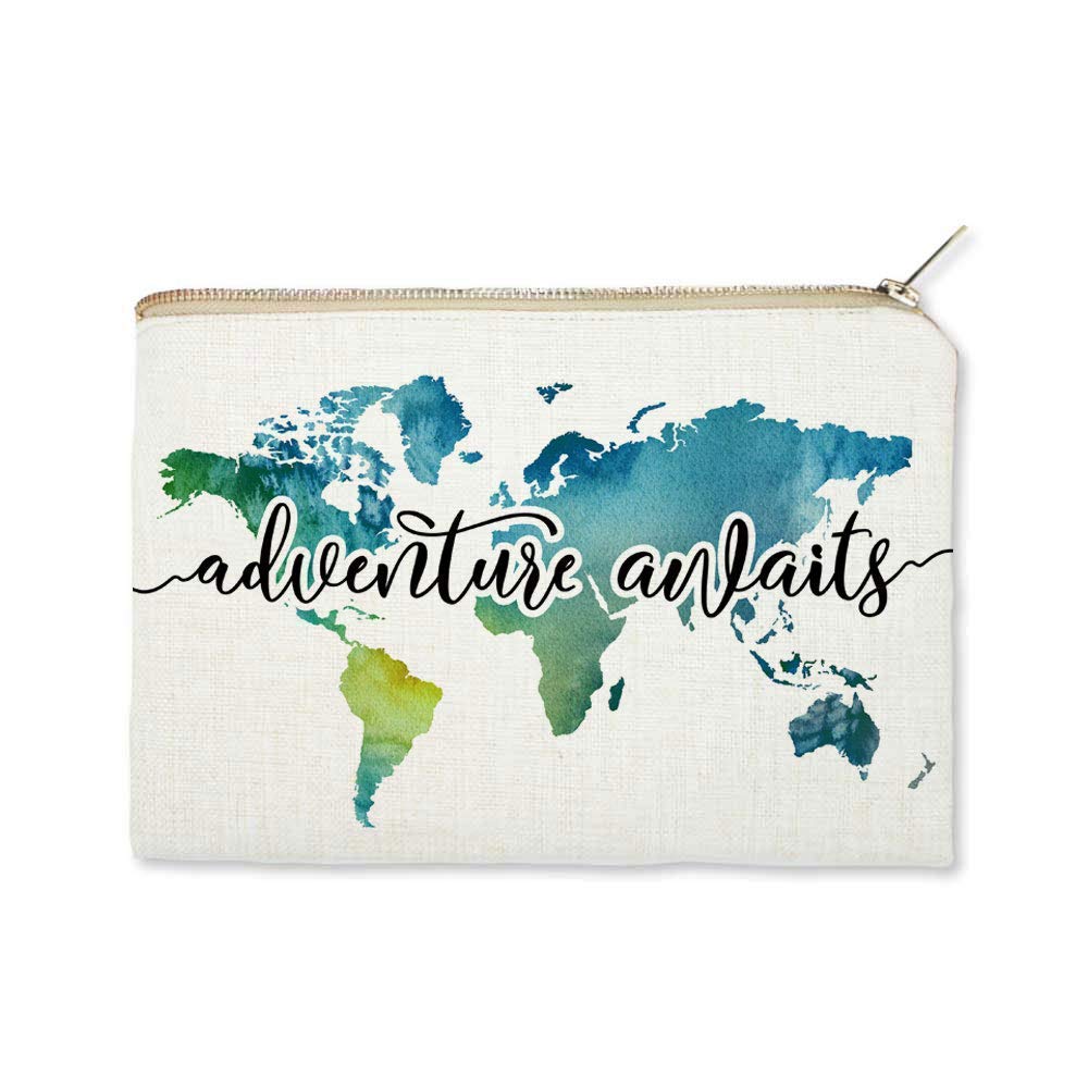 Premium Travel Makeup Bag - Waterproof Cosmetic Organizer with World Map Design, Durable Linen Fabric - Perfect Gift for Women Travelers | Ideal for Vacations, Camping & Business Trips