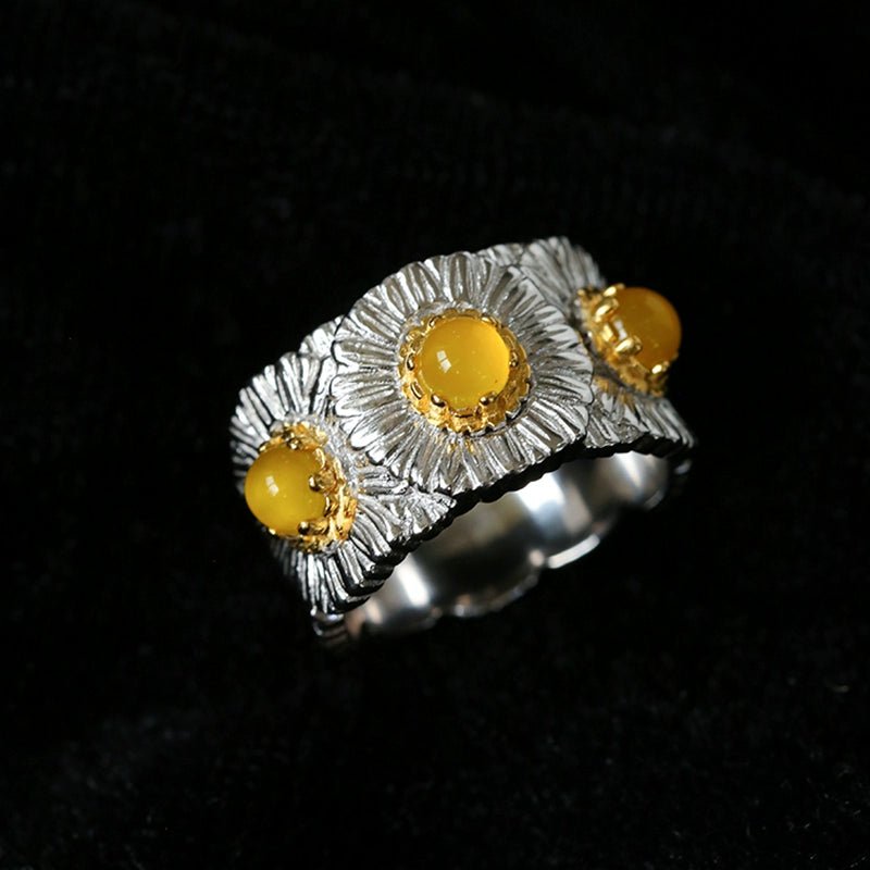 Buccellati Inspired Daisy Ring - 925 Sterling Silver Wide Band with Natural Gemstone for Women | Elegant Floral Jewelry for Weddings, Parties & Everyday Wear