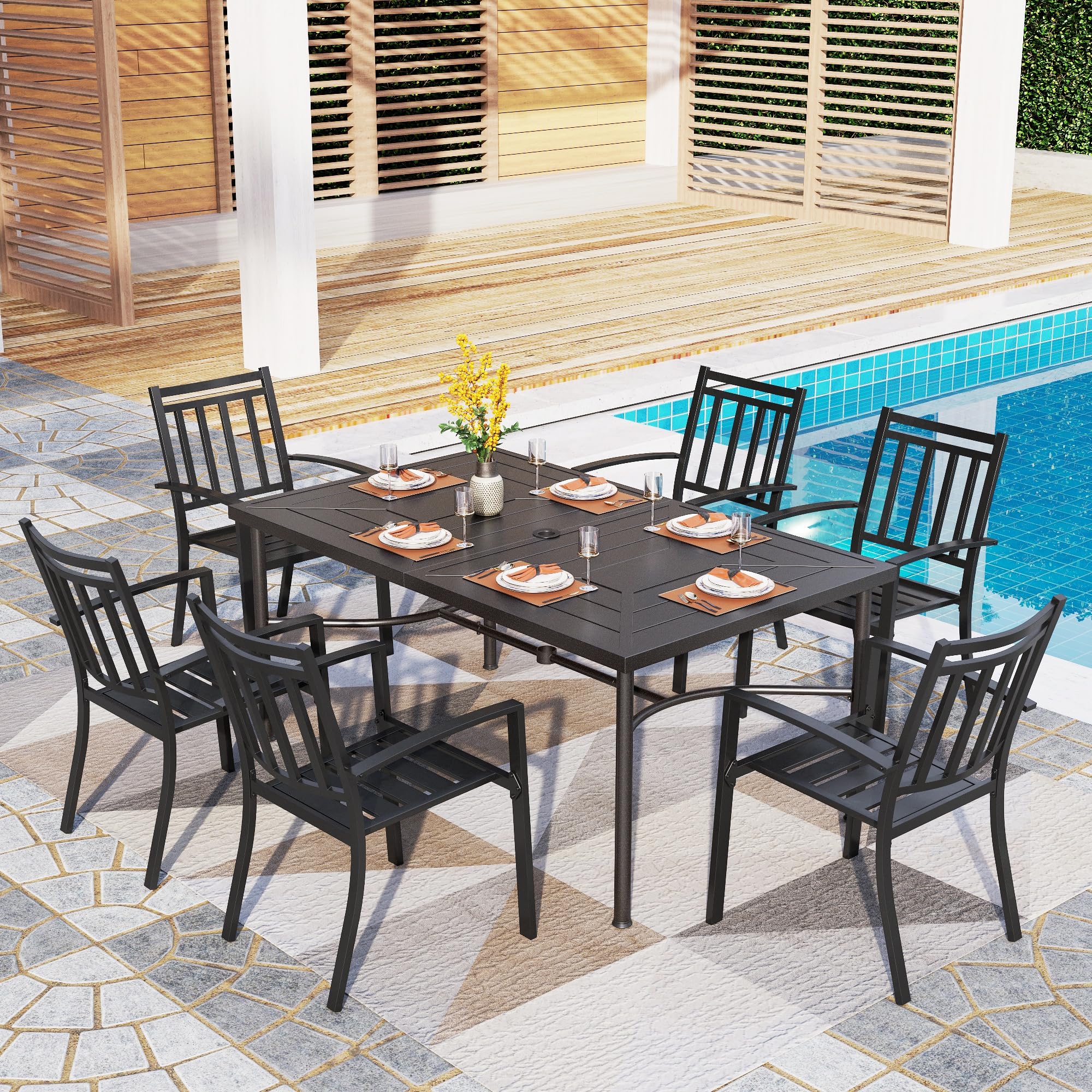 PHI VILLA 7-Piece Outdoor Dining Set - Metal Rectangle Table & 6 Stackable Bistro Chairs for Patio, Backyard, Garden - Perfect for BBQs, Poolside Gatherings & Outdoor Entertaining