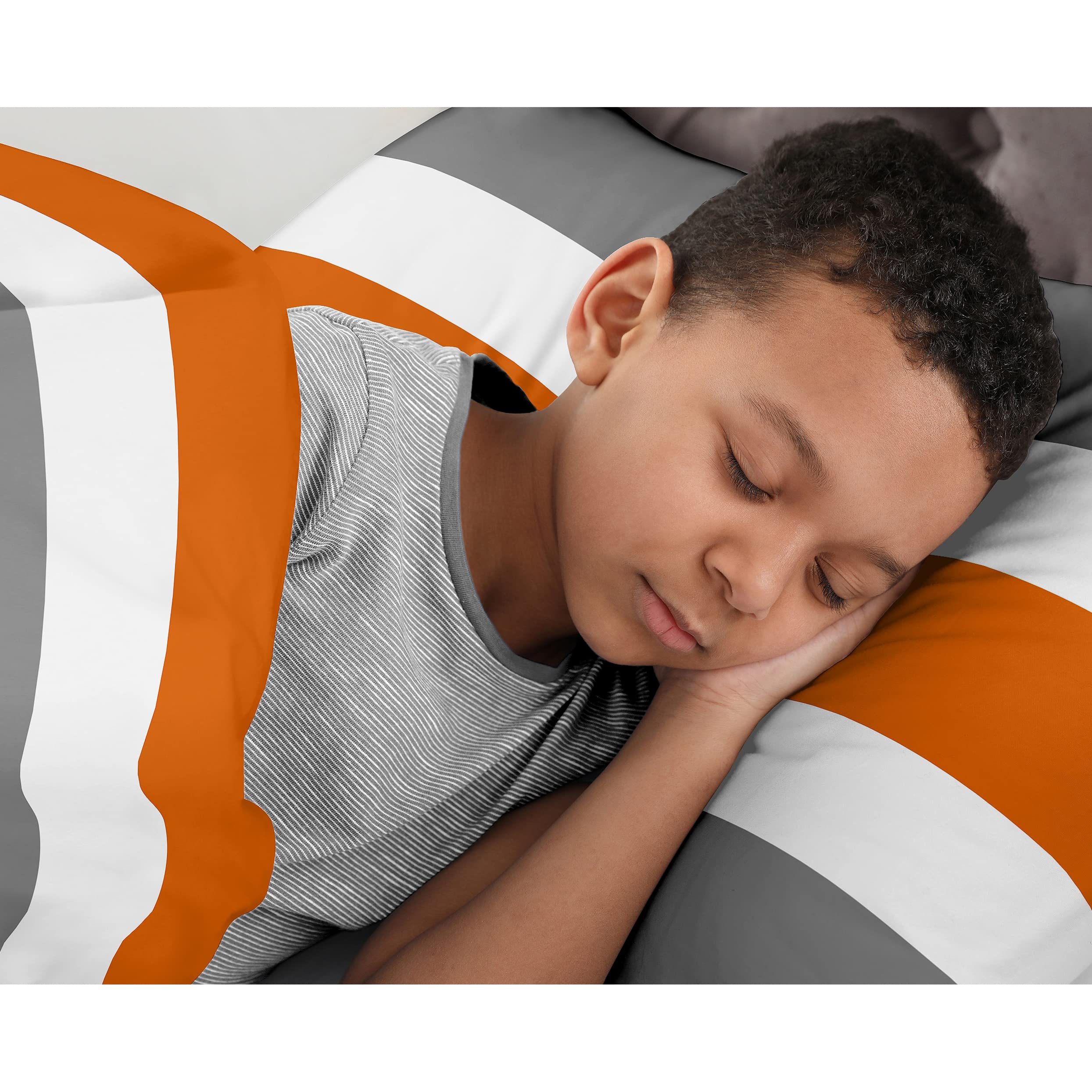 Gray, Orange & White Striped 3-Piece Boys Bedding Set - Full/Queen Size for Kids & Teens - Perfect for Bedrooms, Dorms & Sleepovers