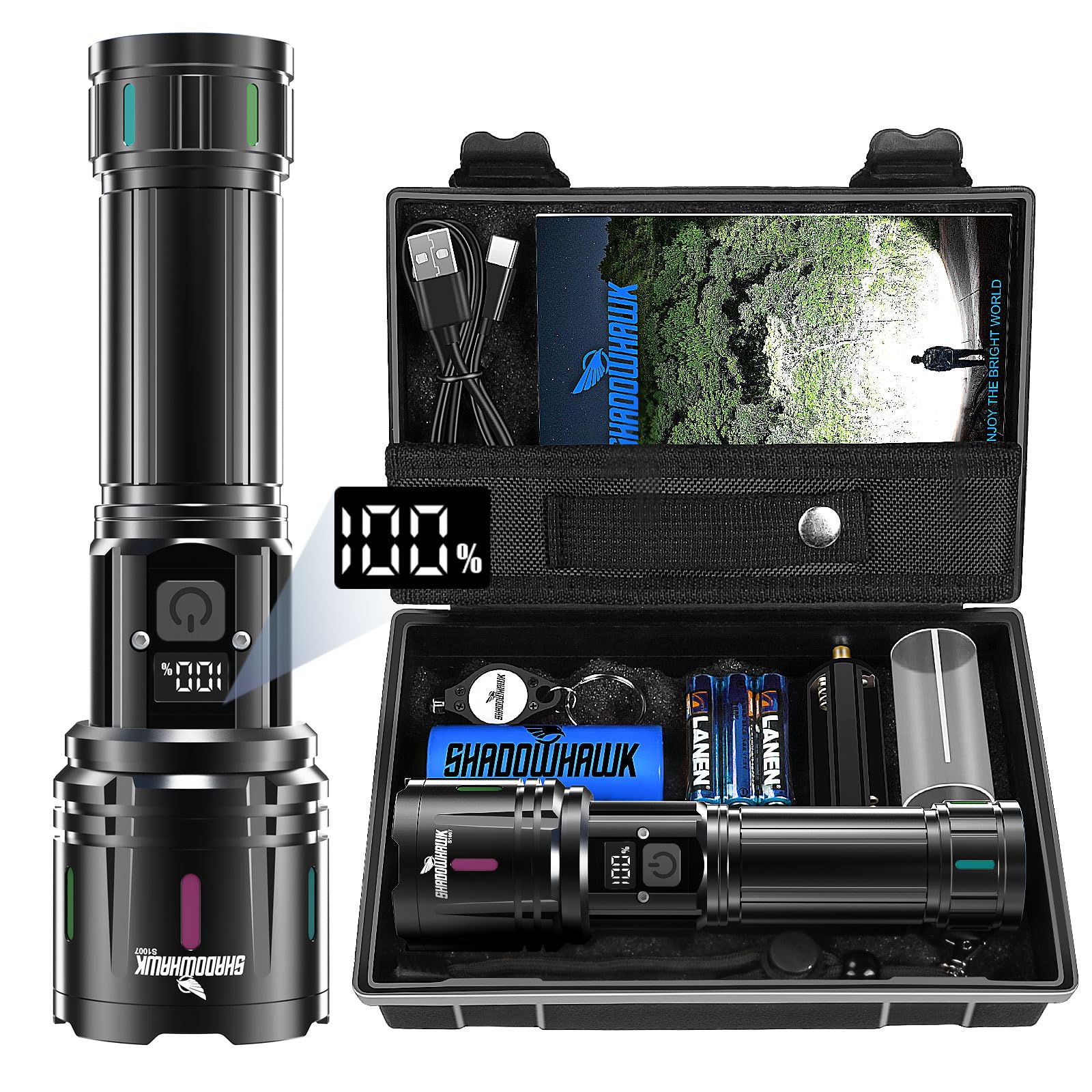 Shadowhawk XHM90.2 Ultra Bright 500,000 Lumen Rechargeable LED Flashlight - USB Tactical Flashlight with Waterproof Design for Outdoor, Camping, Hiking, Emergency & Survival Situations
