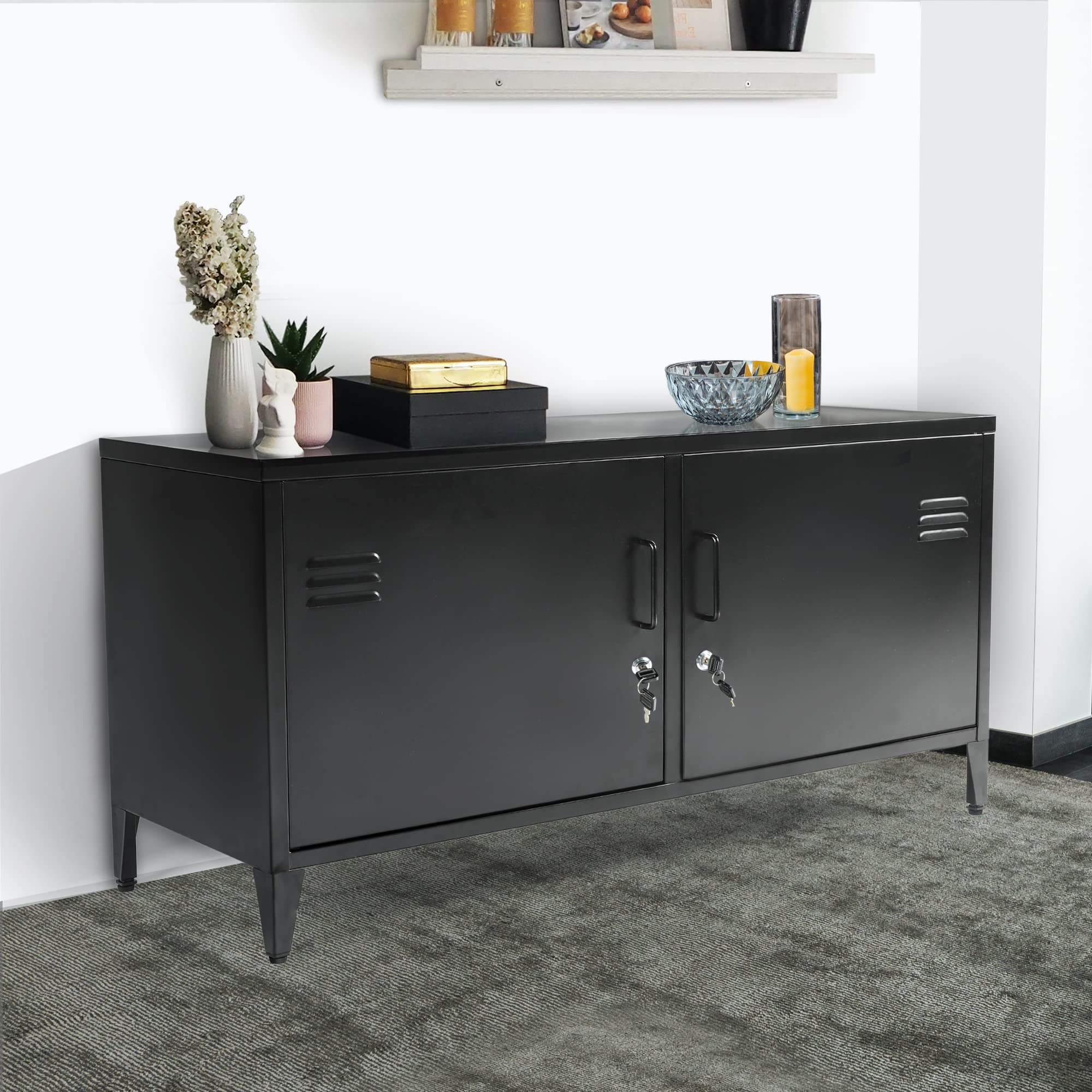 HOPUBUY 2-Door Black Metal Storage Cabinet - Steel Locker with Adjustable Shelves for Bedroom, Garage, Office Organization | Space-Saving Home & Office Storage Solution