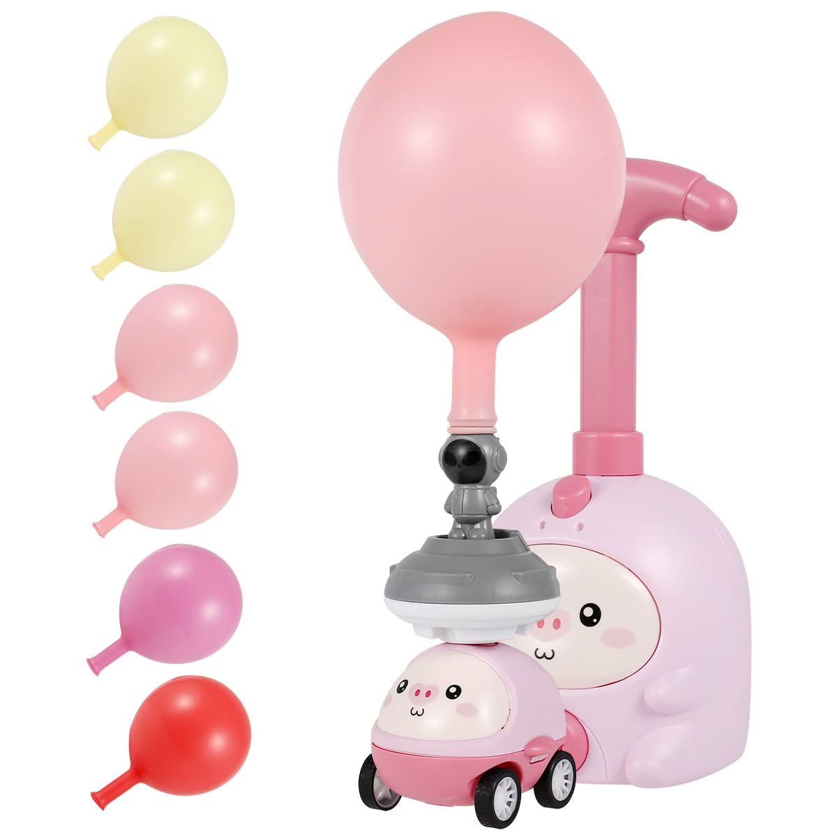 **Cute Cartoon Balloon Powered Car Toy with Launch Tower - Inertial & Air Powered Balloon Car - Educational STEM Toy Gift for Kids & Toddlers (Pink) - Birthday Party Favors & Indoor Play Fun**