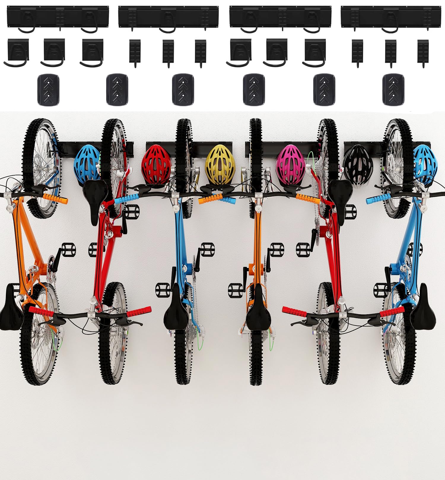 Dirza 68-Inch Heavy Duty Bike Storage Rack - Wall Mount Garage Bike Hanger Holds 6 Bikes (500lb Capacity) with Adjustable Bike Hooks & Tire Protectors - Perfect for Home, Garage & Indoor Cycling Storage (Includes 6 Bike Hooks + 6 Accessory Hooks)