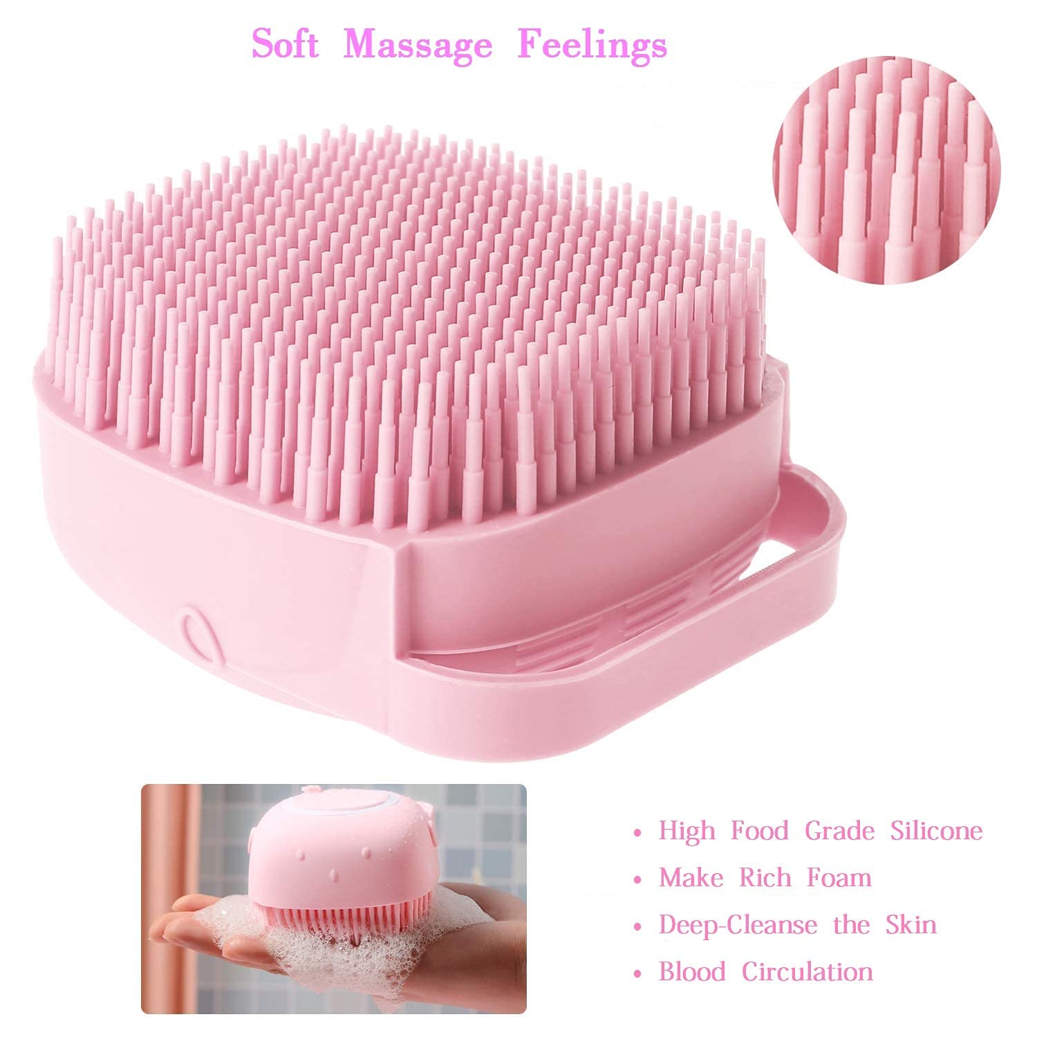 Silicone Body Brush for Shower with Soap Dispenser - Exfoliating Massage Bath Brush for Dry Skin - Spa Quality Scrubber with Long Handle for Men & Women - Perfect for Exfoliation & Relaxation in Bath or Shower (Pink)