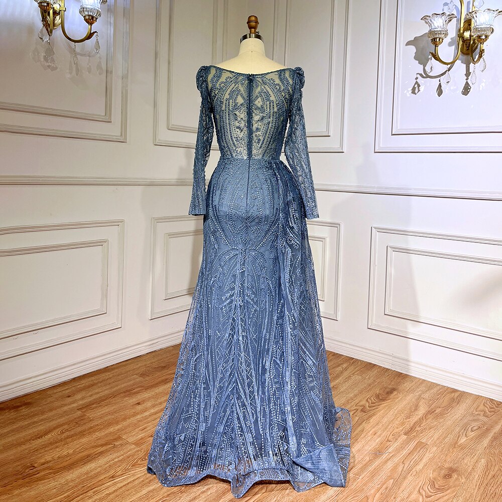 Elegant Blue Mermaid Evening Gown with Lace & Beaded Details - Luxury Women's Formal Dress for Parties, Weddings & Special Occasions - Serene Hill Collection LA71833