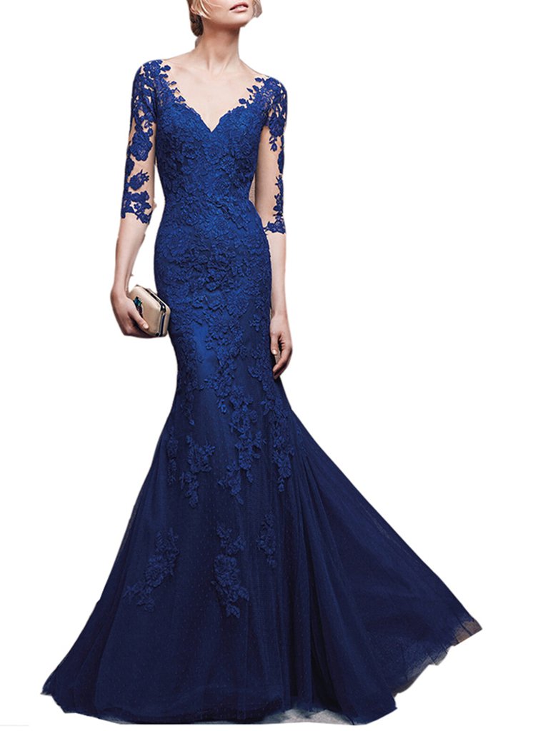 Emanni Women's Red V-Neck Mermaid Evening Gown with Long Sleeves - Elegant Formal Dress for Prom, Wedding Guest, Cocktail Party & Special Occasions