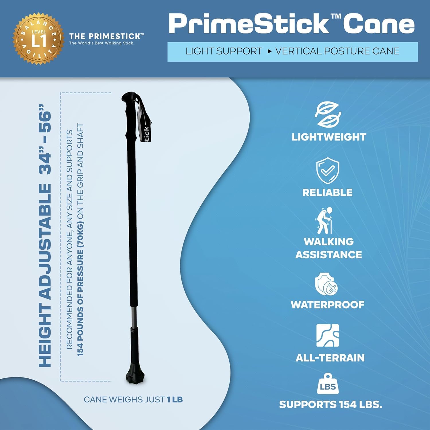 Dynamo Prime Stick - 3-in-1 Adjustable Walking Cane with Foam Grip | Trekking Pole & Posture Support Cane | Lightweight Stability Stick for Hiking, Elderly Support & Outdoor Activities