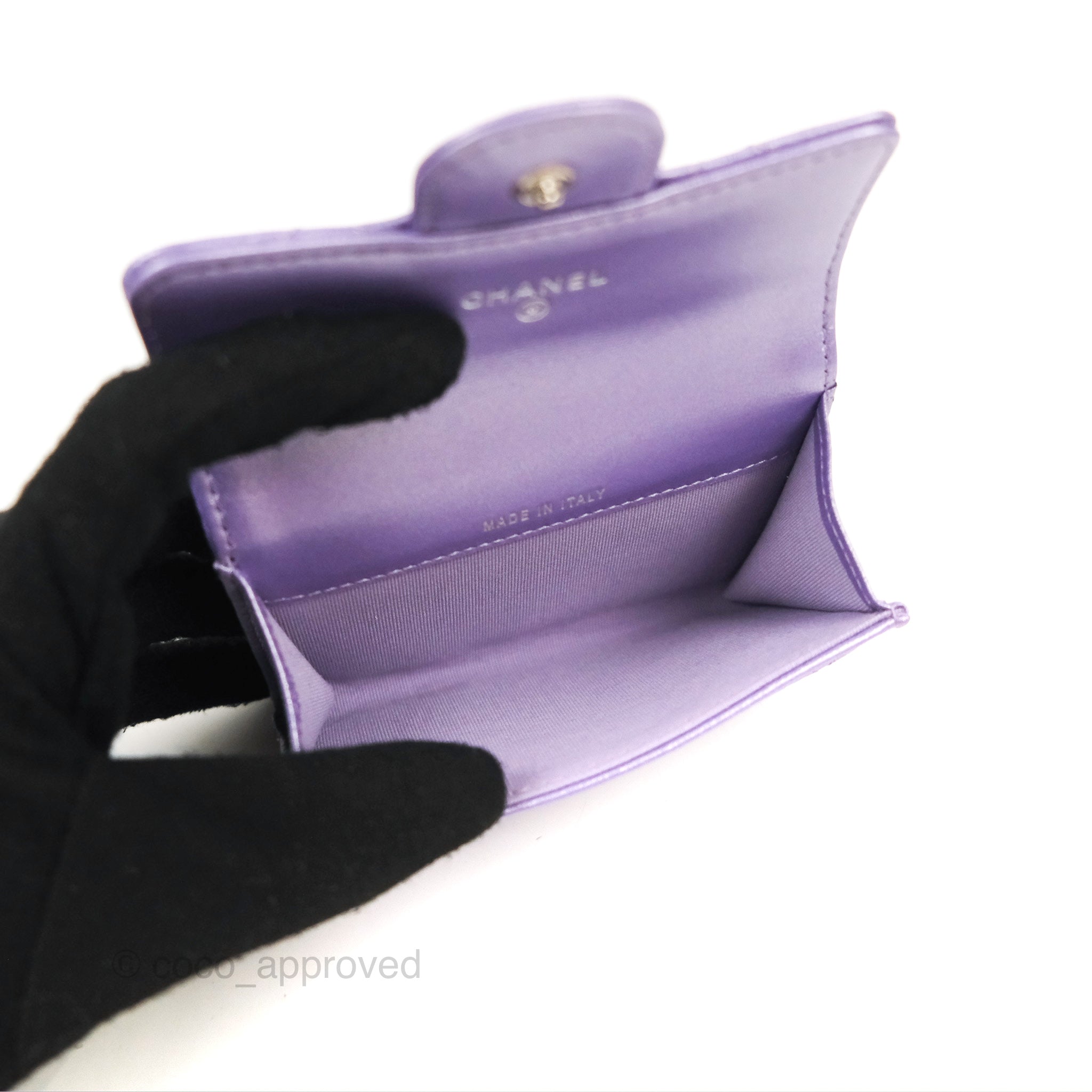 Chanel Classic Flap Card Holder - Quilted Iridescent Purple Lambskin with Silver Hardware | Luxury Wallet for Women, Perfect for Everyday Use & Special Occasions