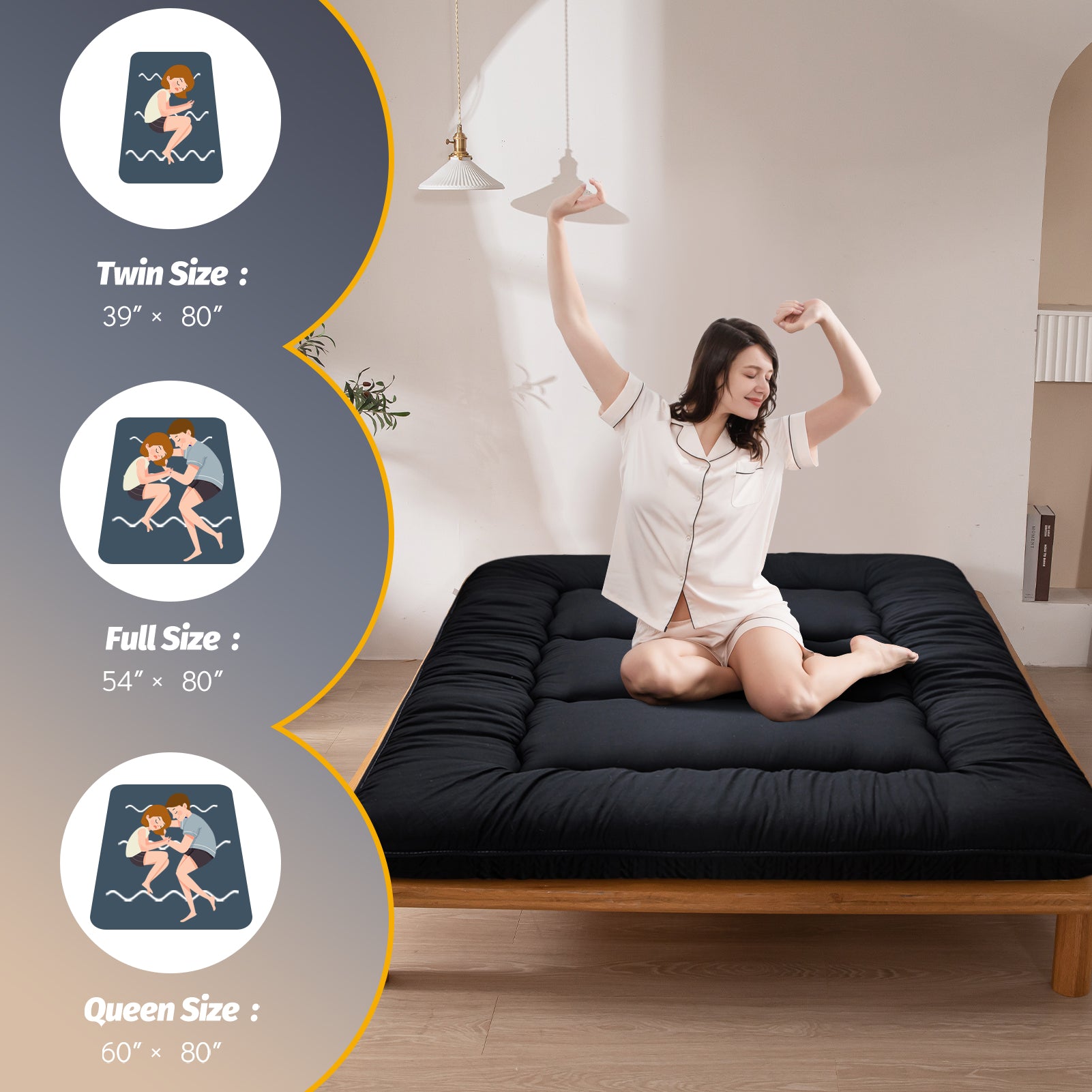 MAXYOYO 6 Extra Thick Japanese Classic Floor Futon Mattress - Black | Comfortable Tatami Sleeping Mat for Guest Bed, Small Space Living, Meditation & Yoga | Premium Foldable Floor Bed for Apartments, Dorms & Travel