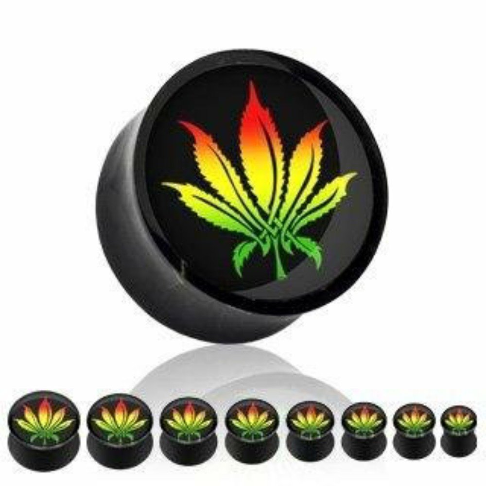 Black Acrylic Saddle Ear Plugs with Rasta Pot Leaf Inlay - Pair of Stylish Earrings for Men & Women | Perfect for Concerts, Festivals & Alternative Fashion