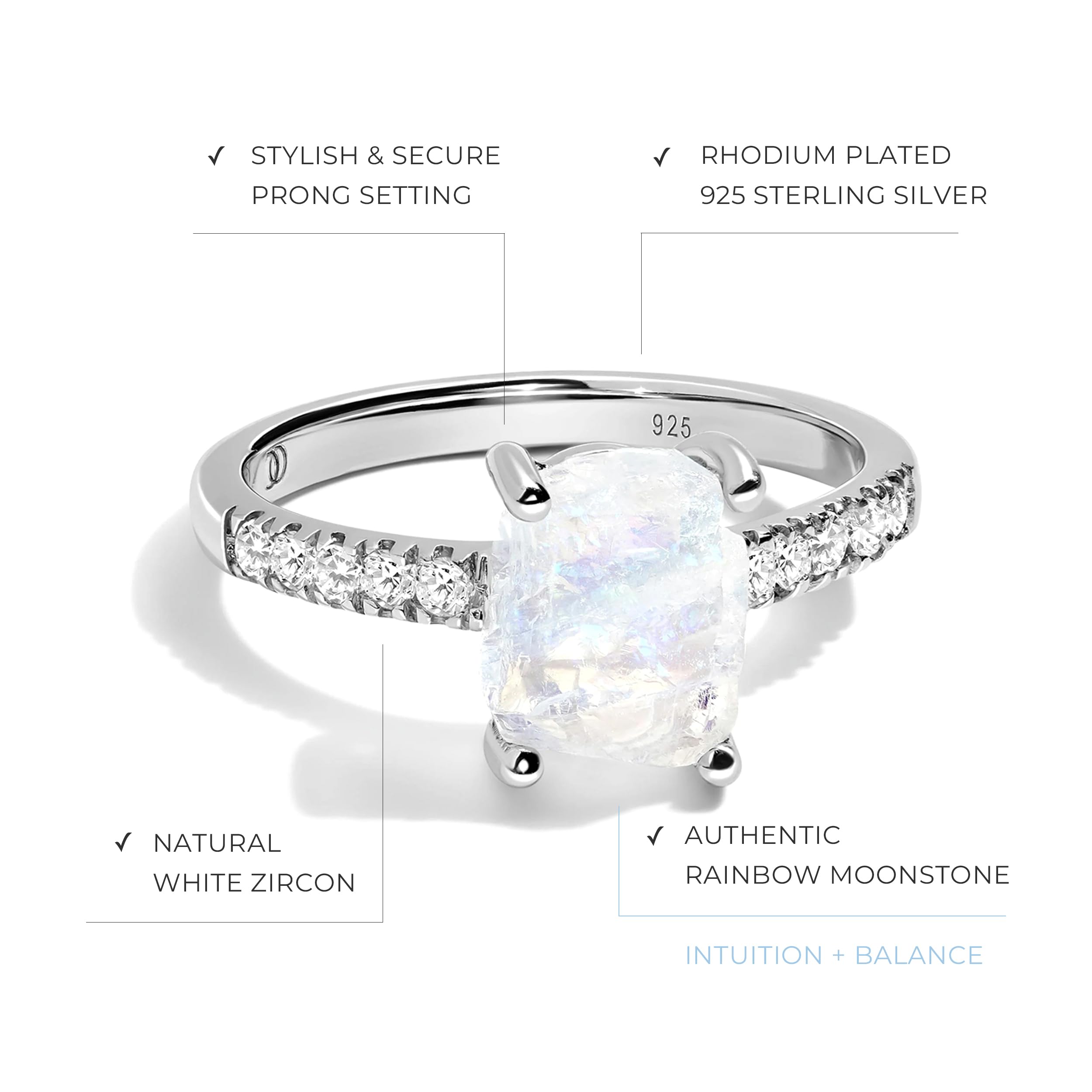 Moon Magic - Authentic Moonstone, Amethyst, Rose Quartz & Aquamarine Rings in 925 Sterling Silver & 18K Rose Gold - Raw Crystal Jewelry for Women - Perfect for Weddings, Anniversaries & Spiritual Healing