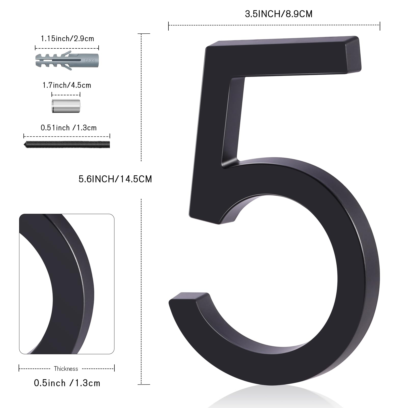 YIPLED 6 Inch Modern Floating House Number 5 - Black Metal Address Plaque for Home, Mailbox, Street | Outdoor Address Sign for Front Door, Porch & Yard Decor