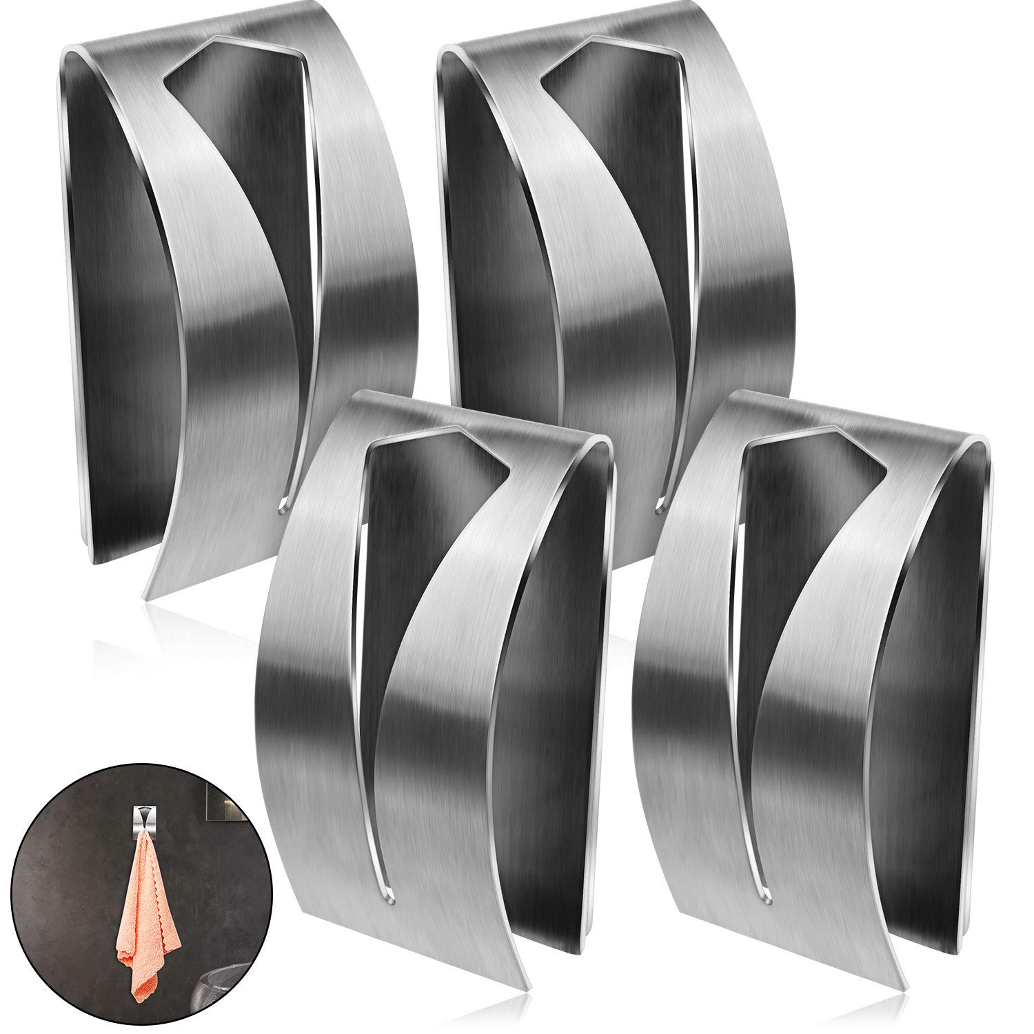 4 Pack Self Adhesive Stainless Steel Towel Hooks - No Drill Wall Mounted Kitchen & Bathroom Organizer - Strong Hold for Dish Towels, Hand Towels, Tea Towels - Perfect for Kitchen, Bathroom, Laundry Room Organization (Silver)