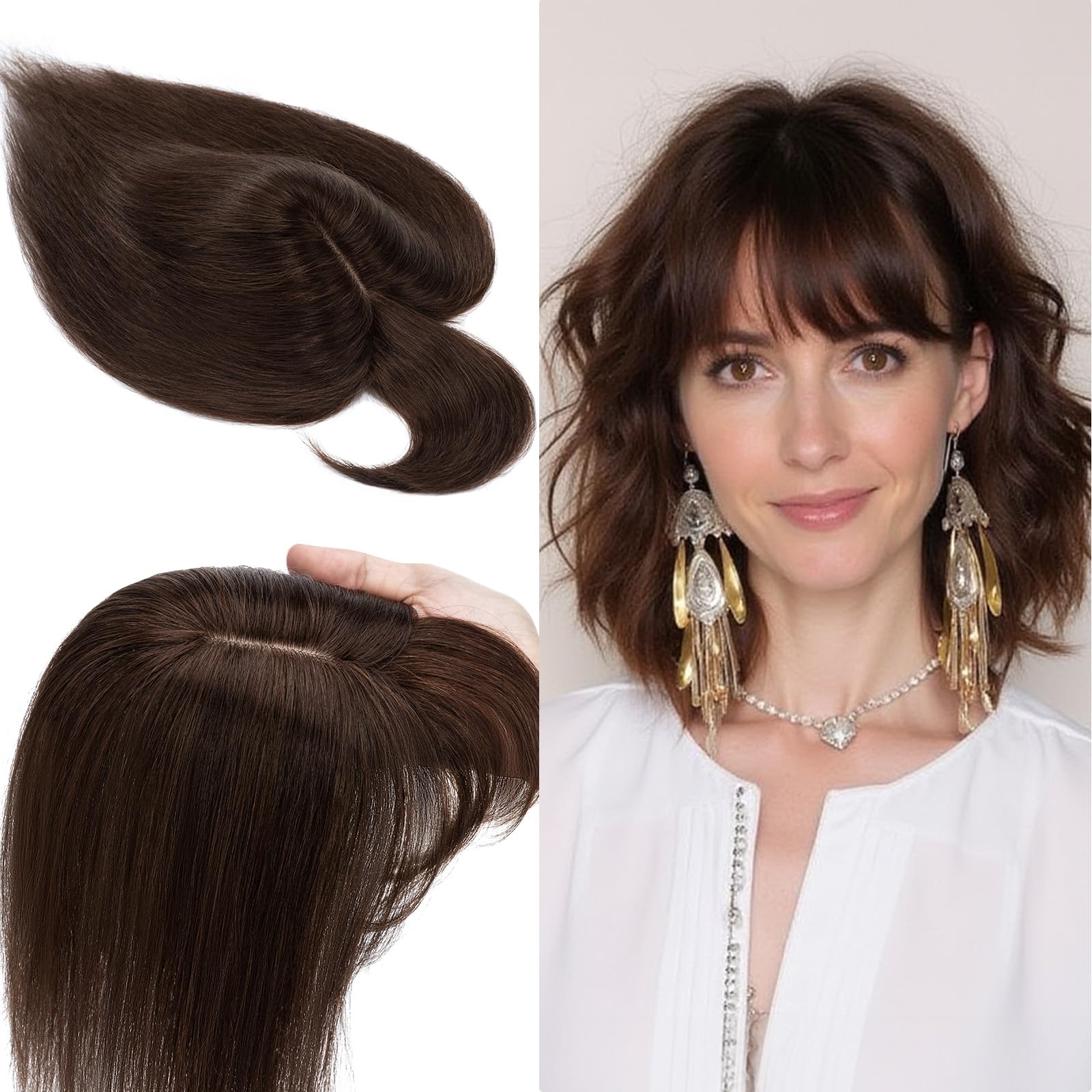 SEGO 100% Real Human Hair Toppers with Bangs - Silk Base 150% Density Clip-in Hair Topper (2.7”x5.1”) for Women with Thinning Hair, Hair Loss & Gray Coverage - Perfect for Daily Wear, Special Occasions & Hair Volume Enhancement