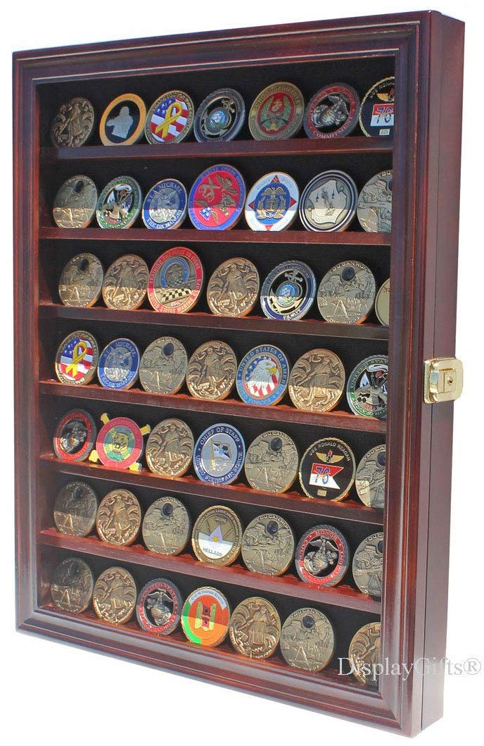 Lockable Military Challenge Coin Display Case Cabinet Rack Holder - Mahogany Finish | Secure Collectible Coin Storage for Home, Office & Military Memorabilia Showcase