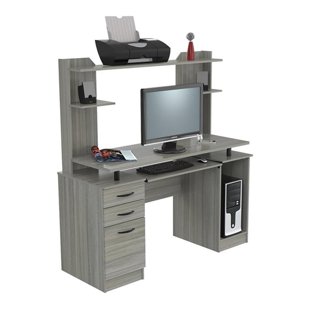 Modern Wooden Computer Desk with Hutch - Smoke Oak Finish for Home Office, Study & Workspace | Pemberly Row Contemporary Work Center