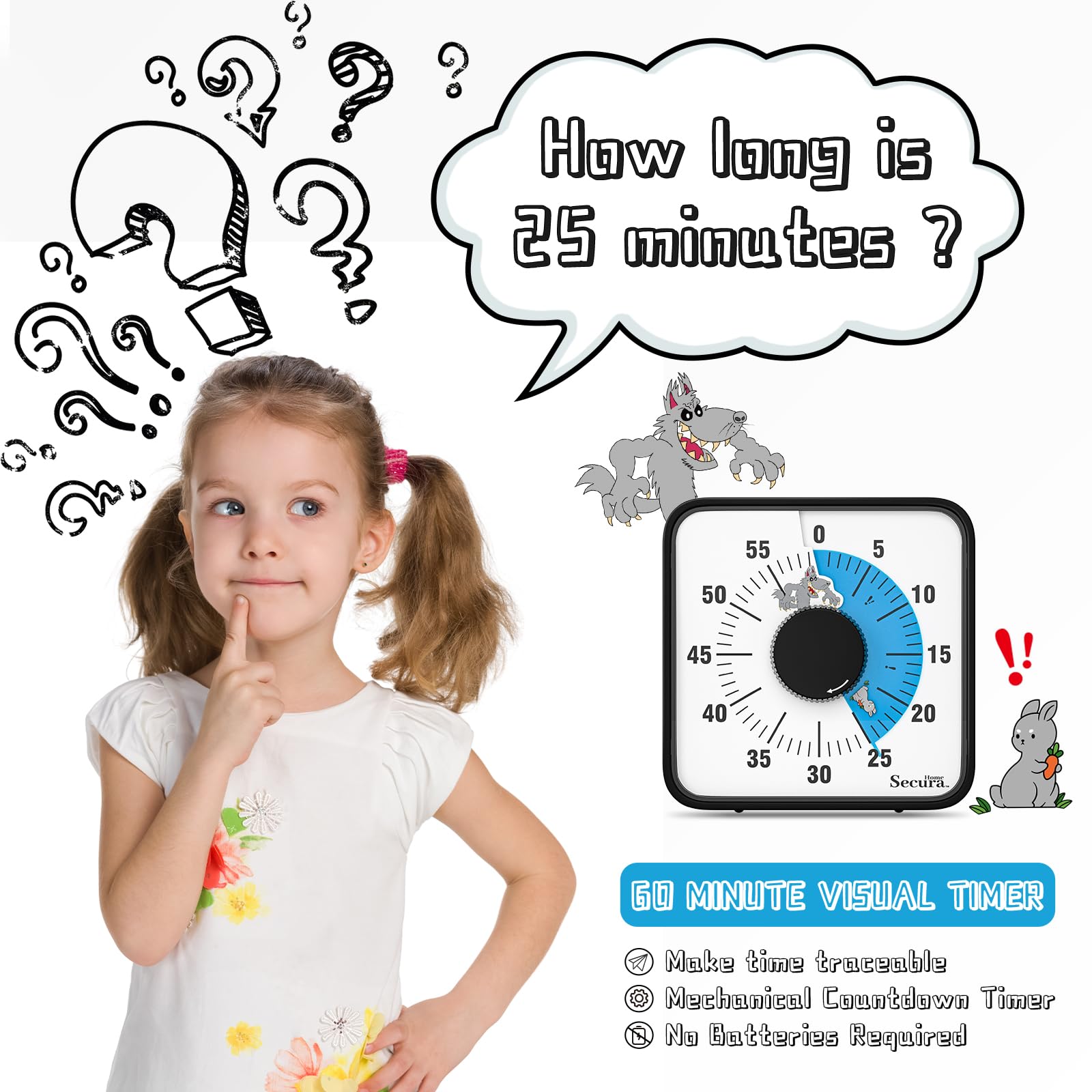 7.5 Inch Large Visual Timer for Kids - 60 Minute Countdown Clock with Cartoon Design, Mechanical Time Management Tool for Classroom, Homework & Parenting (Blue)