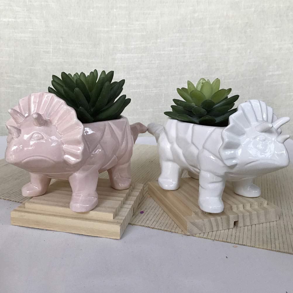 DOITOOL Ceramic Triceratops Succulent Planter - White Dinosaur Flower Pot for Small Plants, Cactus, Air Plants - Perfect for Home, Office Desk Decor & Gift Idea