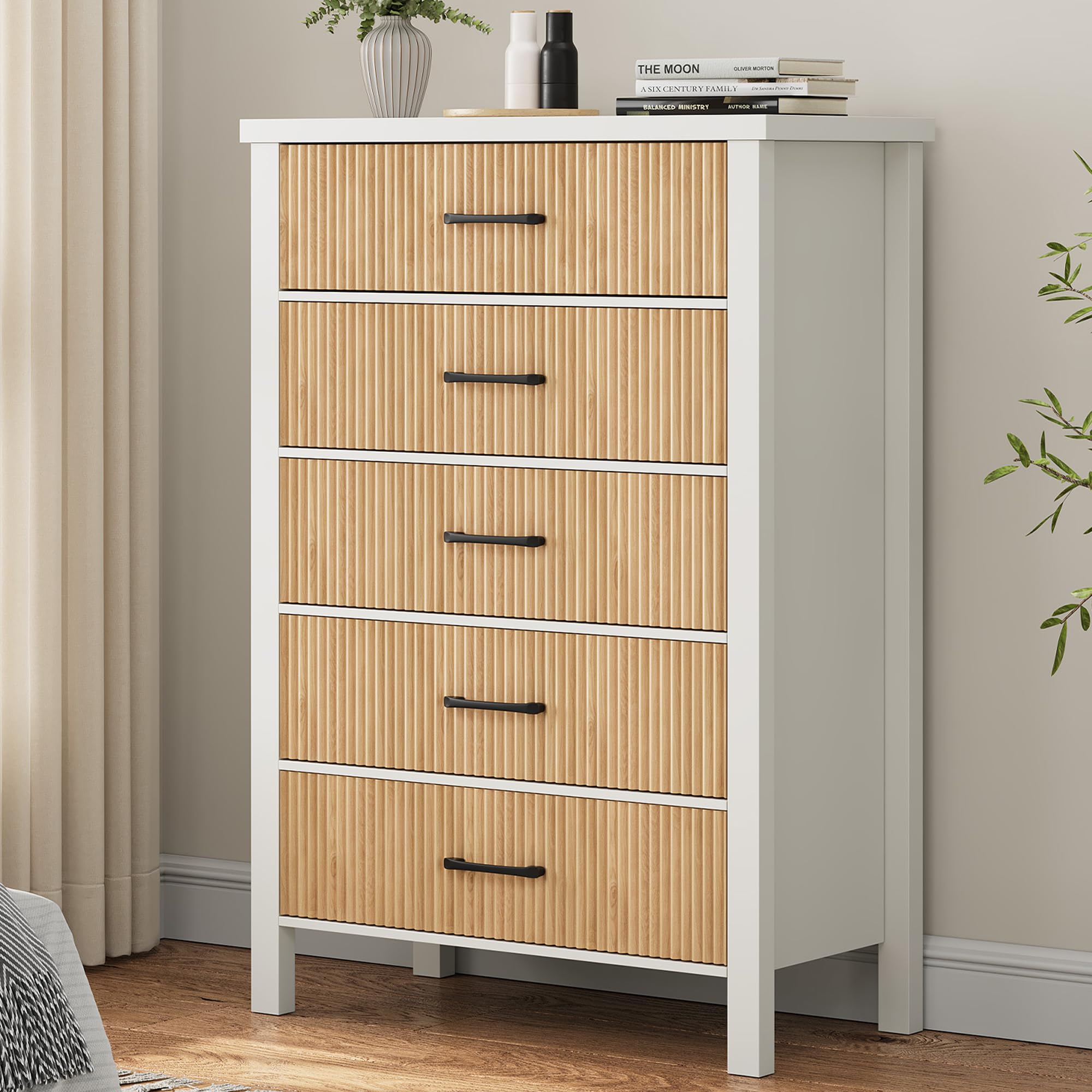 Modern White 5-Drawer Dresser for Bedroom - Solid Wood Legs, Fluted Design Tall Chest of Drawers - Large Wooden Storage for Clothes, Bedding & Accessories | Perfect for Bedroom, Living Room, Entryway & Hallway Organization