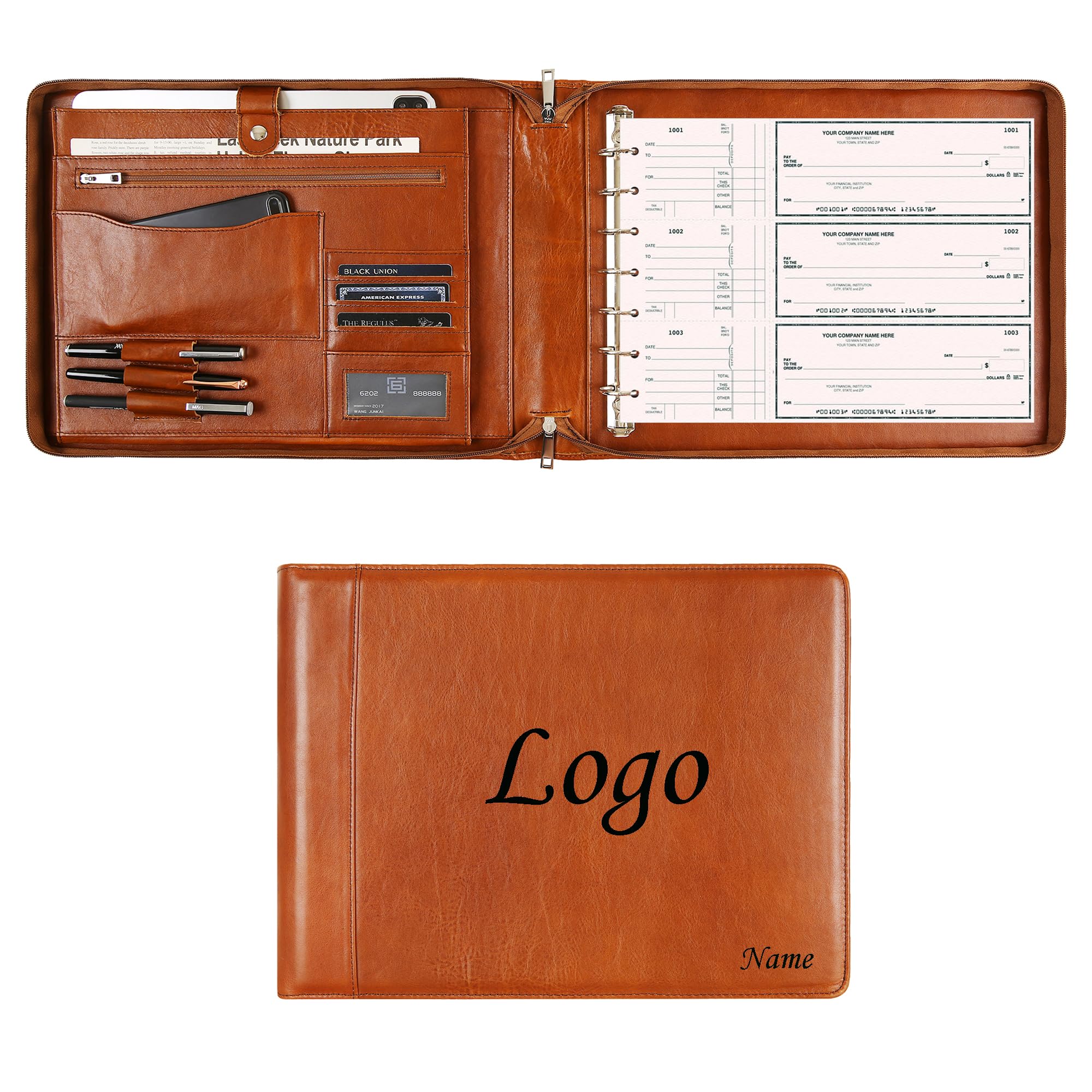 Custom Engraved Leather Business Checkbook Holder - 7-Ring Binder for 3 Checks Per Page, 600 Checks Capacity (9x13 Inch Sheets) - Oil Brown - Perfect for Accountants, Small Business Owners & Financial Professionals