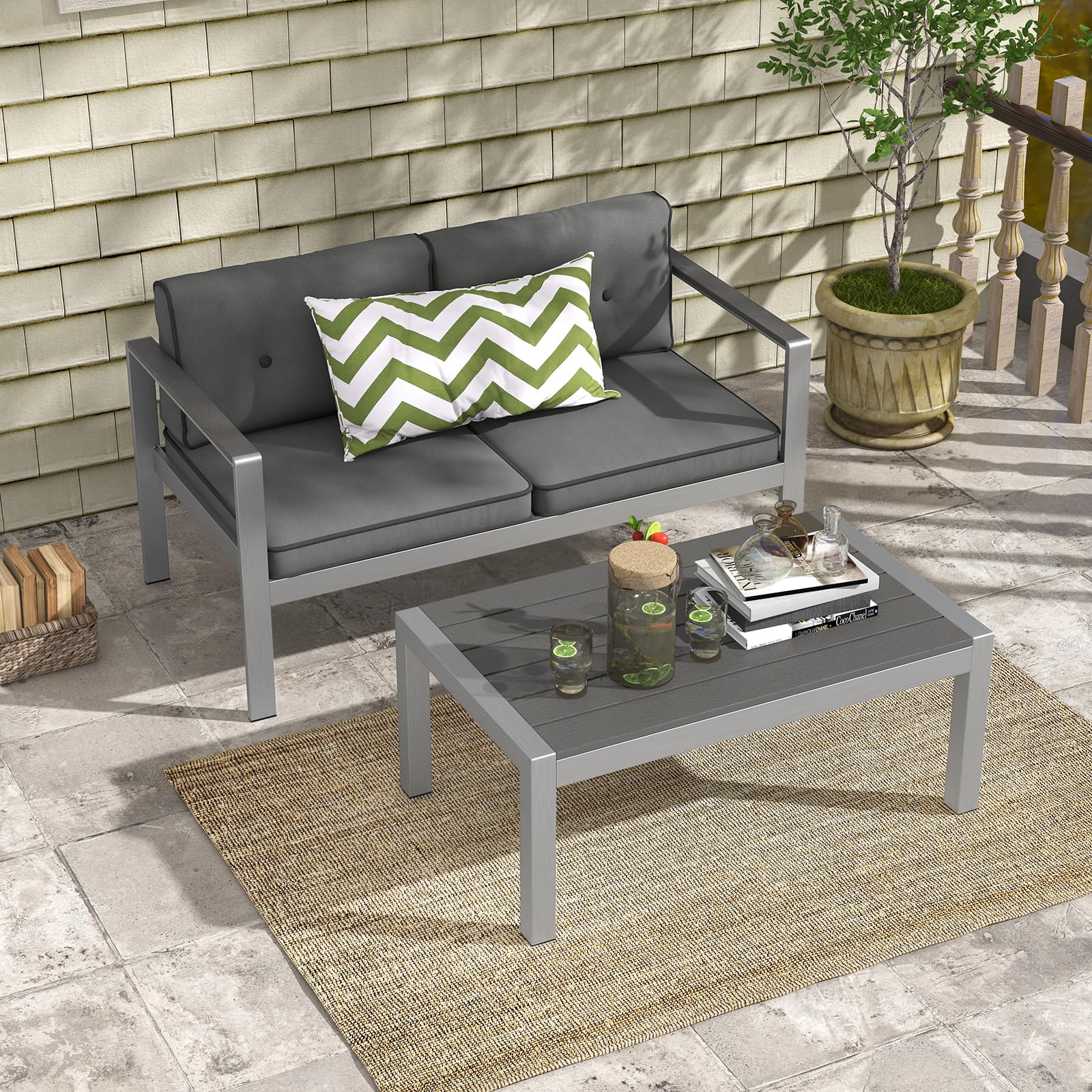 Tangkula Patio Aluminum Loveseat Sofa - Modern 2-Person Outdoor Wicker Chair with WPC Armrests & Comfortable Cushions, Contemporary Balcony Furniture for Backyard, Garden, Deck, Porch (Gray) - Perfect for Relaxing, Entertaining Guests, and Outdoor Lounging