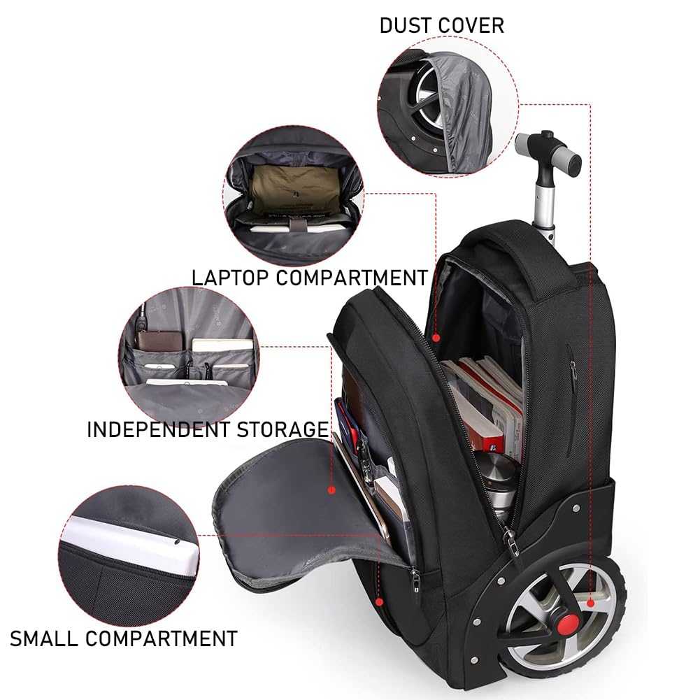 22 Inch Rolling Backpack - Waterproof Wheeled Laptop Backpack for Business Travel & Commuting | Carry-On Approved for Men & Women | Perfect for Airports, Office & College (Black)