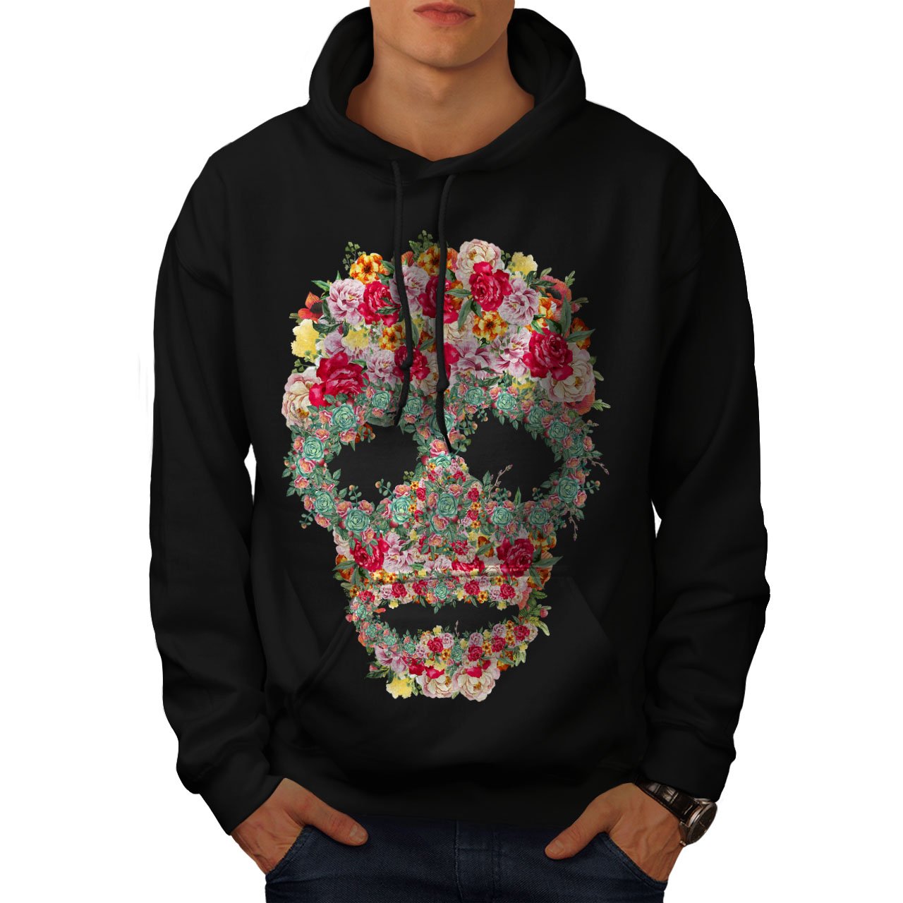 Wellcoda Skull Rose Flower Men's Hoodie - Gothic Streetwear Pullover Hooded Sweatshirt for Casual Wear & Halloween Costume