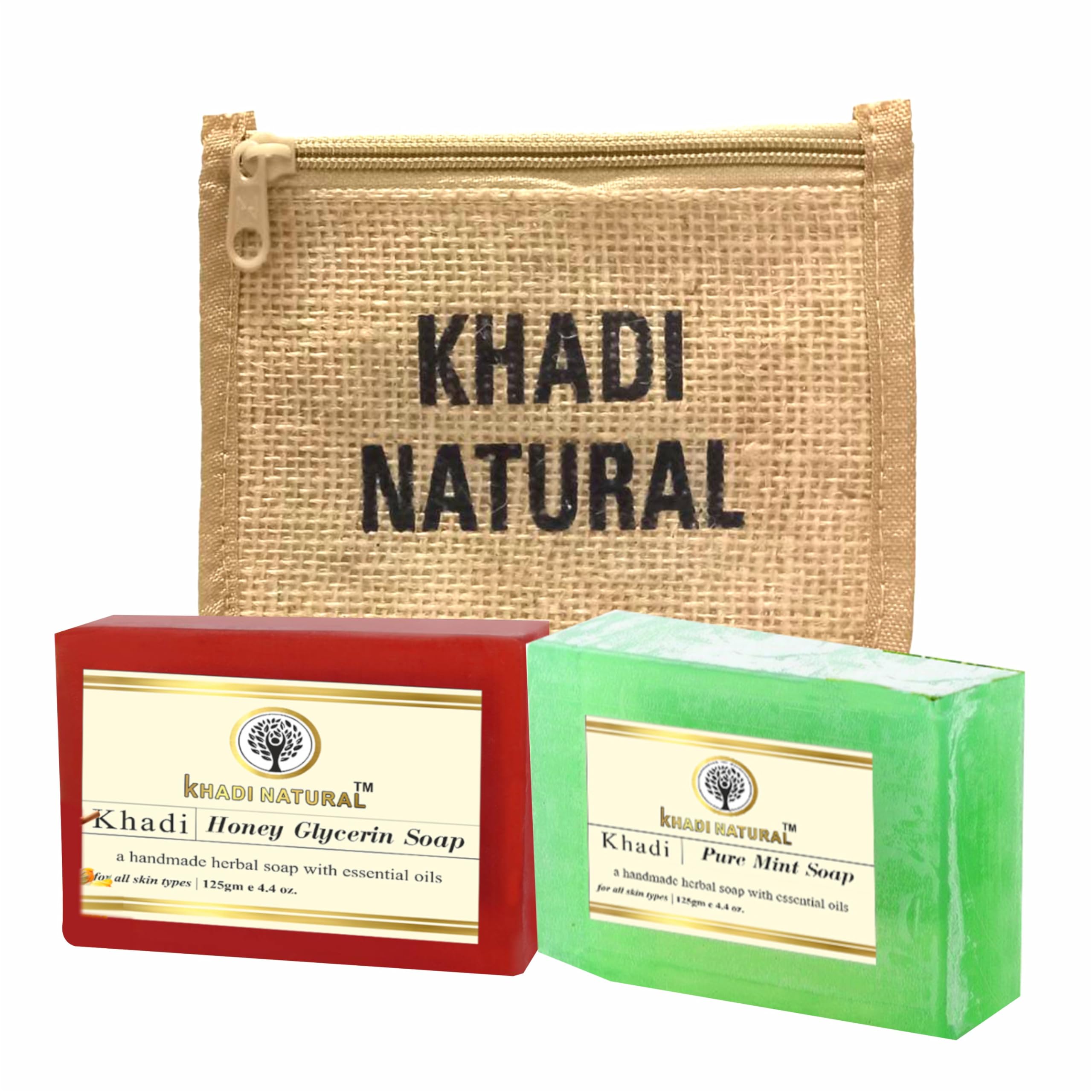 Khadi Natural Bathing Soap with Jute Bag - 125g | Handcrafted Honey Glycerin Pure Mint Soap for Luxury Skincare | Perfect for Spa Day, Gift Sets & Eco-Friendly Bathing