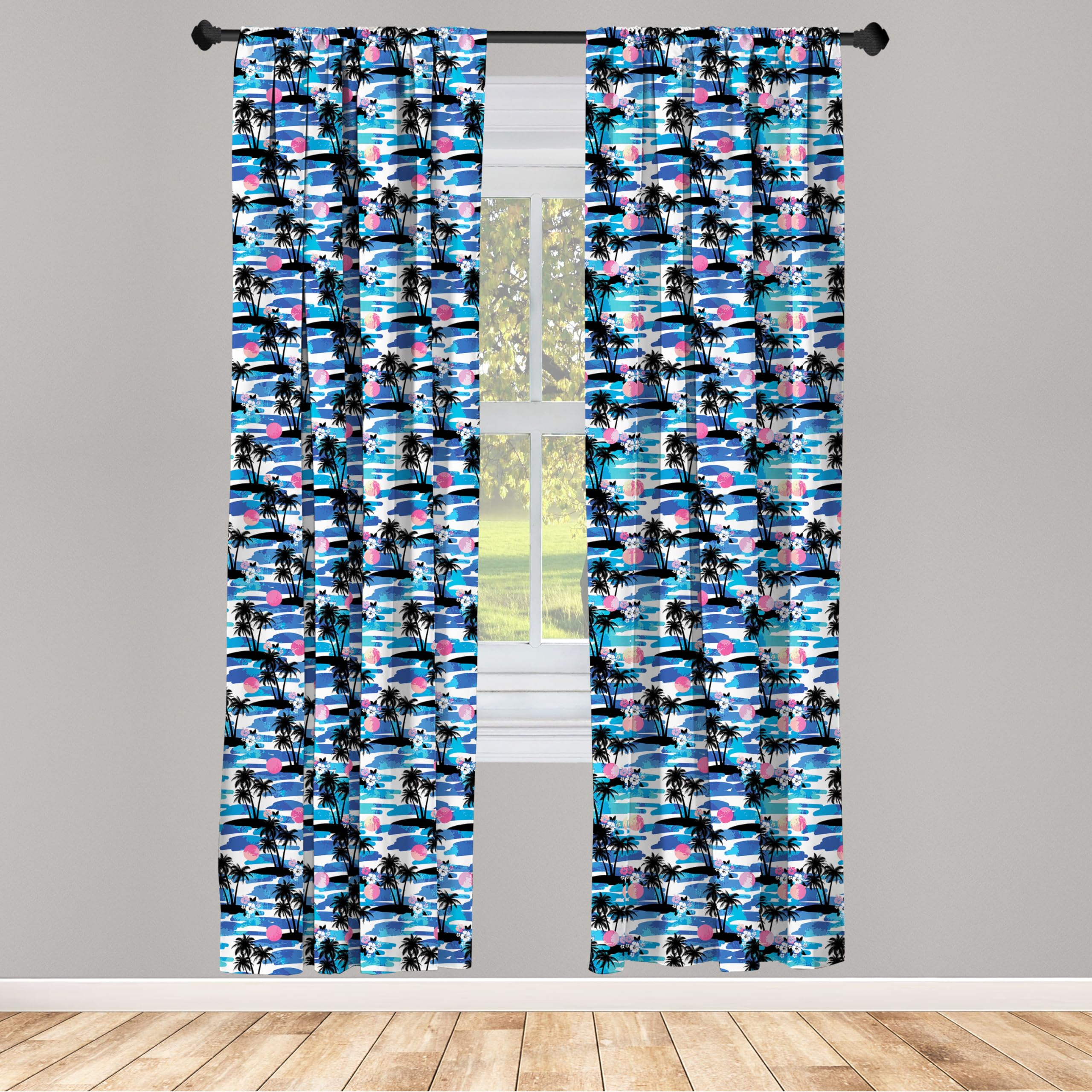 Ambesonne Tropical Window Curtains - Hawaiian Aloha Paradise Print with Palm Trees, Hibiscus Flowers & Ocean Sunset - Lightweight Blackout Drapes for Living Room & Bedroom - 2 Panel Set with Rod Pocket (28