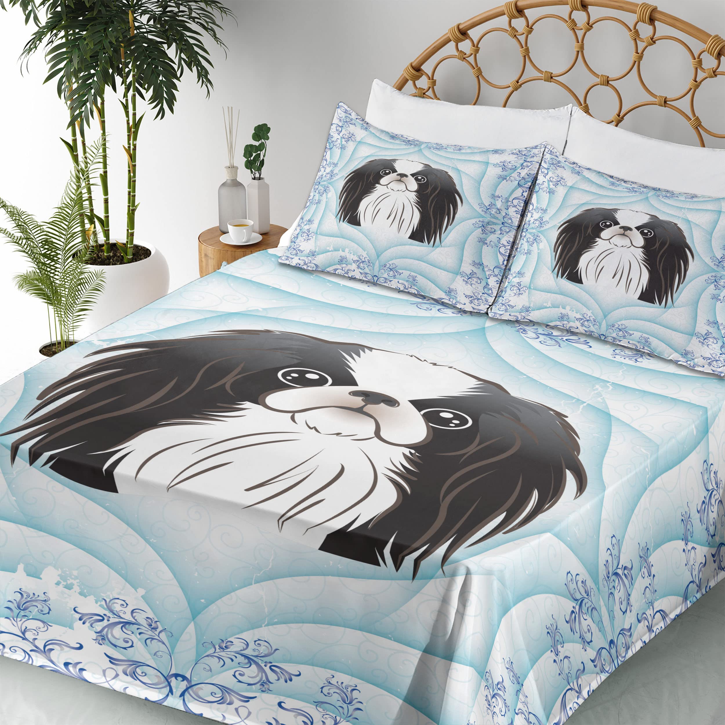 Ambesonne 4-Piece Dog Sheet Set - Funny Cartoon Puppy Floral Design Fitted & Flat Sheets with Pillowcases, King Size Pale Blue Lavender Bedding | Perfect for Pet Lovers' Bedrooms, Guest Rooms & Kids' Rooms