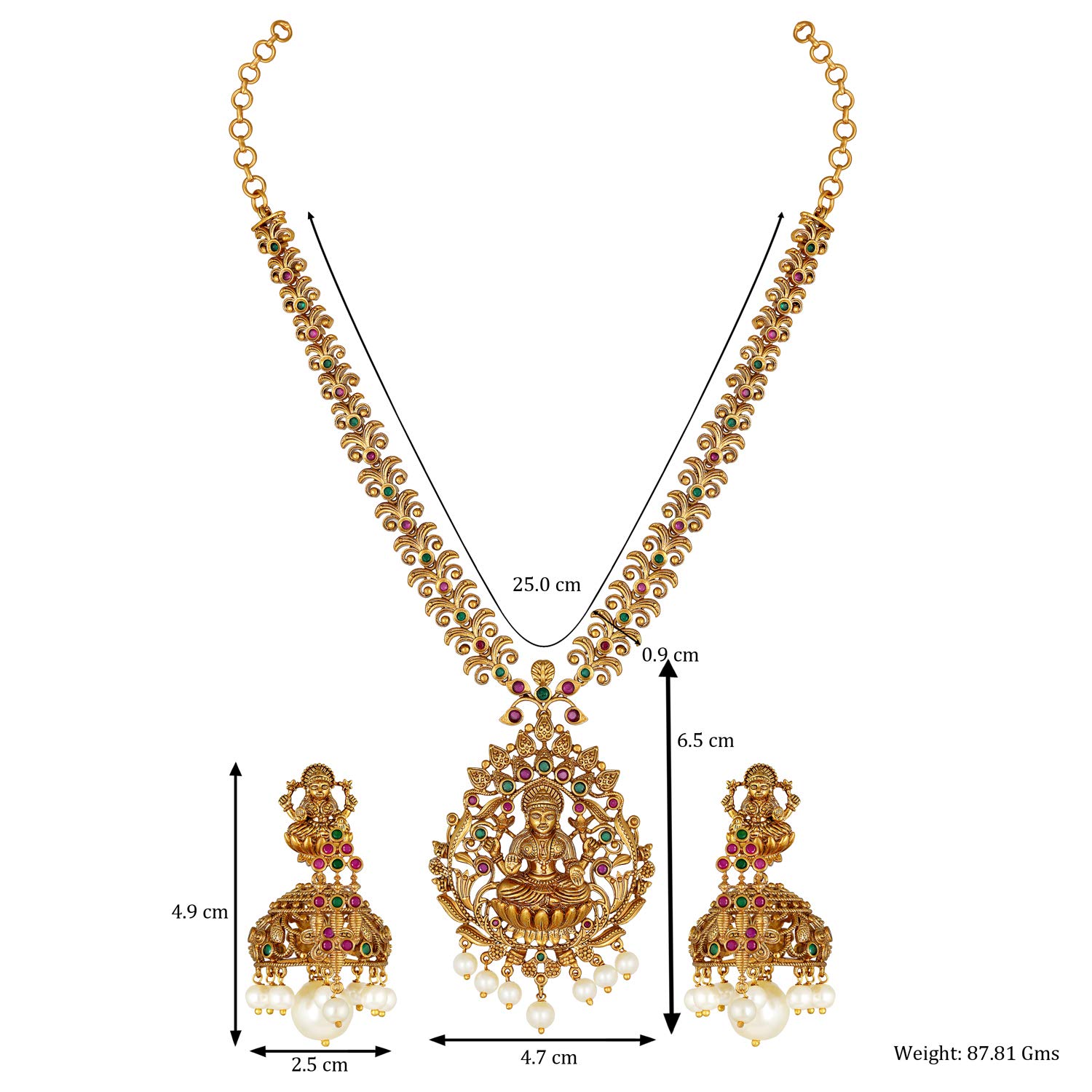 South Indian Traditional CZ Jewelry Set - Designer Necklace & Earrings for Women | Bollywood Ethnic Wedding Jewelry | Goddess Lakshmi Green Bridal Jewelry for Weddings, Parties & Festive Occasions