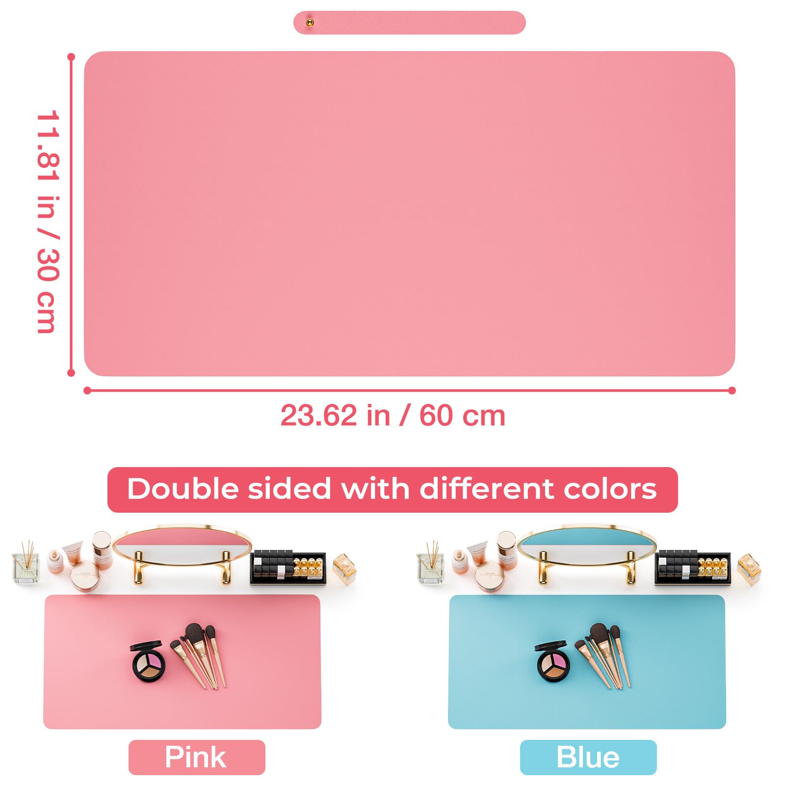 **Noverlife Double-Sided Waterproof Vanity Mat - 23.62x11.81in Blue & Pink Makeup Table Cover, Craft & Nail Art Hand Rest Pad, Laptop Desk Protector for Dressing Table & Beauty Station**    *(Perfect for makeup application, nail art, crafting, and protecting desks from spills & scratches!)*