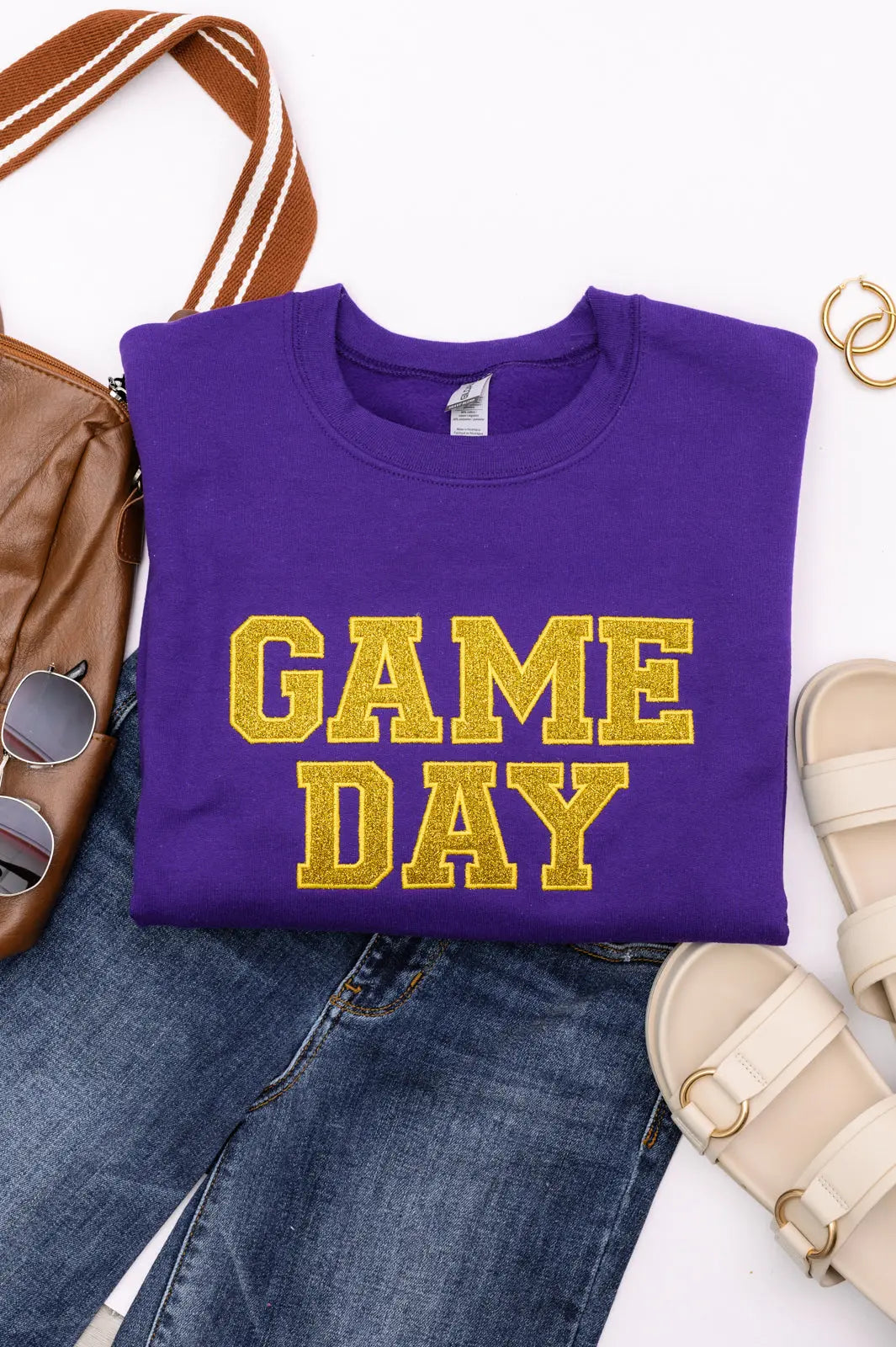 PREORDER: Embroidered Glitter Game Day Sweatshirt - Purple & Gold for Football Season | Perfect for Tailgating, College Games & Fan Apparel