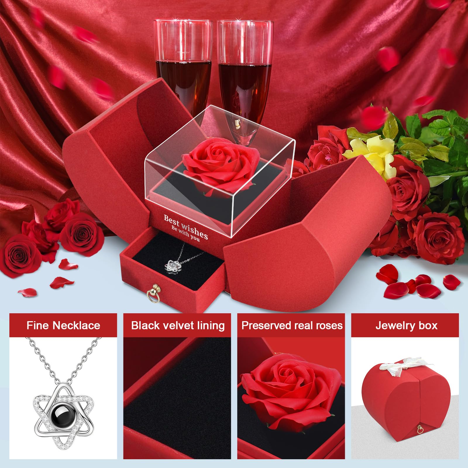 QETRABONE Preserved Red Real Rose Necklace 'I Love You' in 100 Languages - Eternal Flower Jewelry, Romantic Birthday Gift for Women, Wife, Girlfriend, Mom, Grandma - Perfect for Valentine's Day, Christmas, Anniversary & Special Occasions (Red)