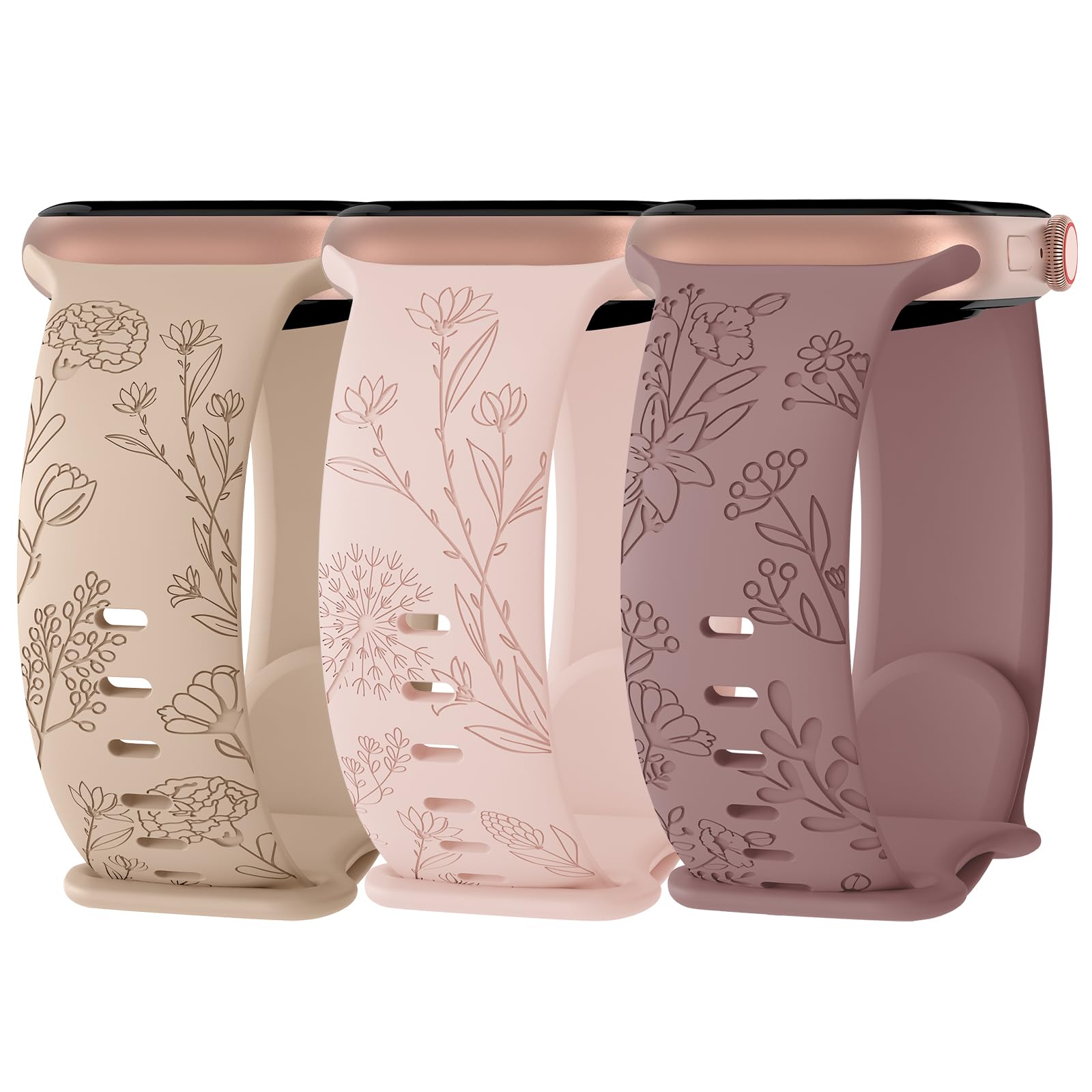3 Pack Floral Engraved Silicone Bands for Apple Watch 38mm 40mm 41mm 42mm 44mm 45mm 49mm - Soft Sport Wildflower Strap Compatible with iWatch Ultra Series 9/8/SE/7/6/5/4/3/2/1 - Perfect for Women's Workout, Running & Daily Fashion Accessories