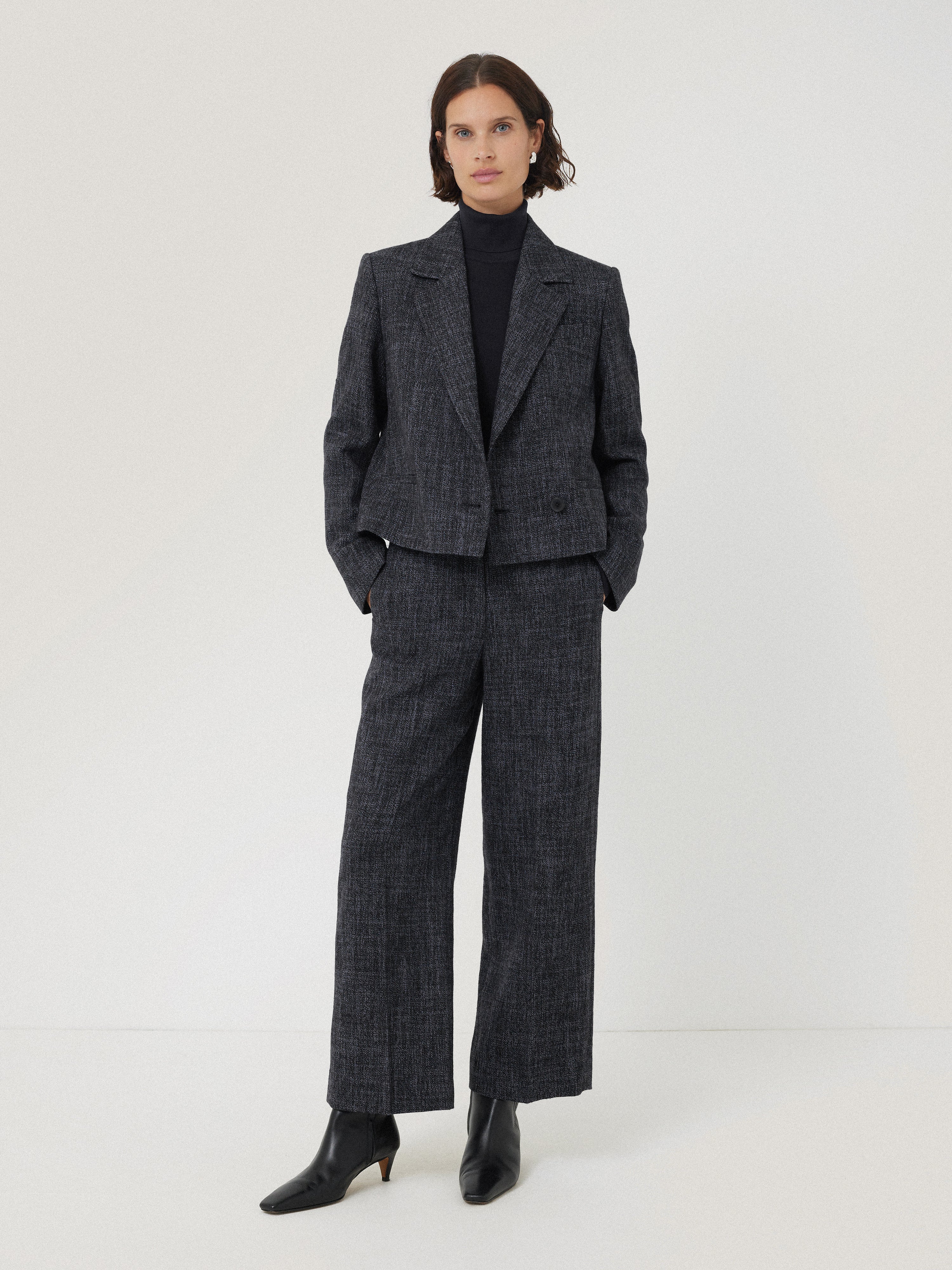 Hale Boucle Cropped Trousers for Women - High Waist Wide Leg Pants in Navy Blue | Perfect for Office, Casual Wear & Travel