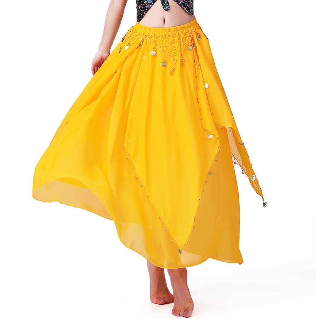 TWINKLEDE Women's Chiffon Belly Dance Skirt - Elegant Swing Skirt with Coin Details for Indian Dance Performances, Yoga, and Festive Events