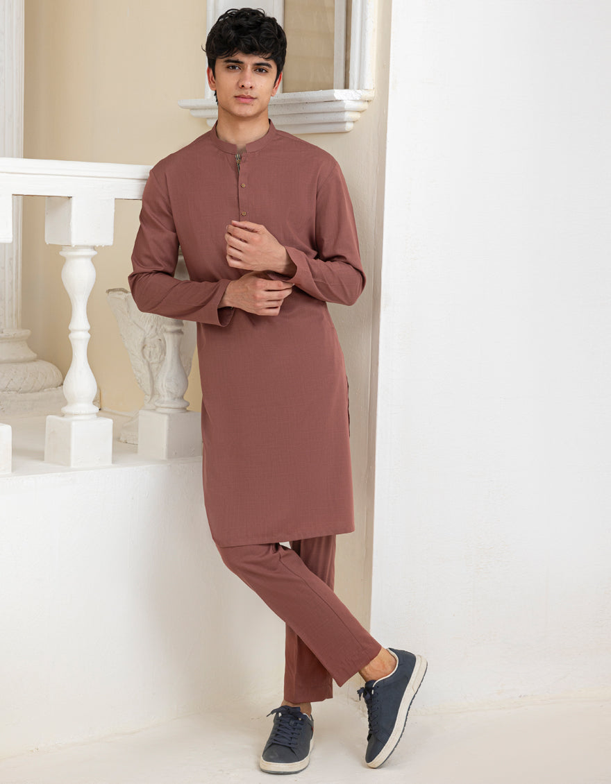 Blended Rust Kurta Trouser by J. Junaid Jamshed - Stylish Traditional Pakistani Outfit for Men, Perfect for Weddings, Festivals & Cultural Events