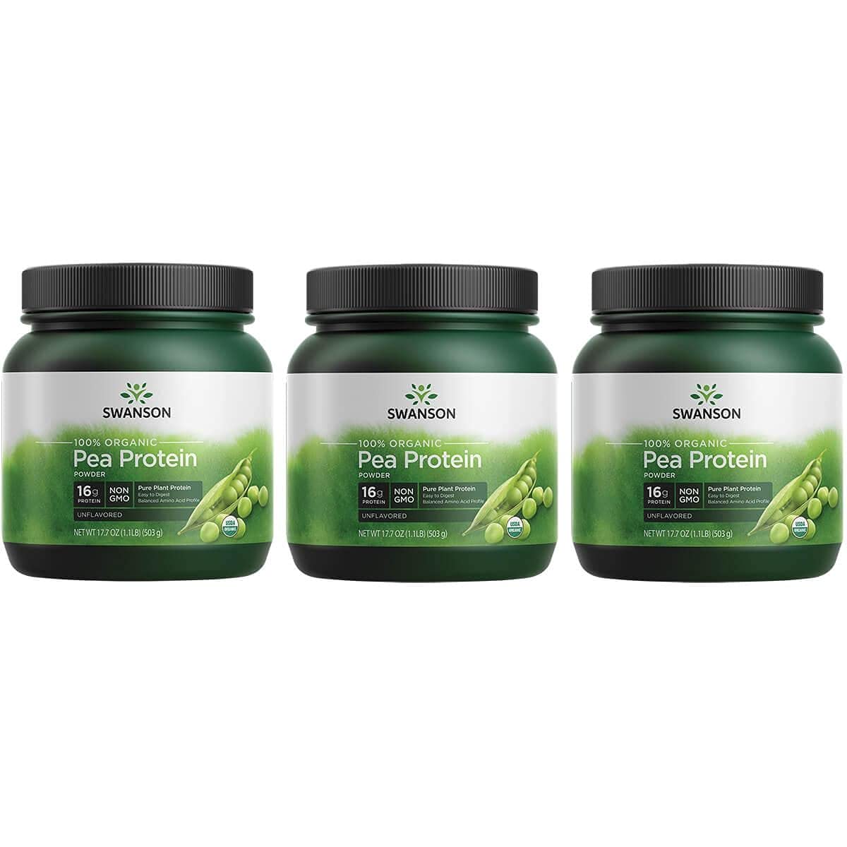 Swanson 100% Certified Organic Pea Protein Powder - Non-GMO, Vegan, Gluten-Free - 1.1 lb (503 g) per Pack - 3 Pack Bundle - Perfect for Smoothies, Baking & Post-Workout Recovery