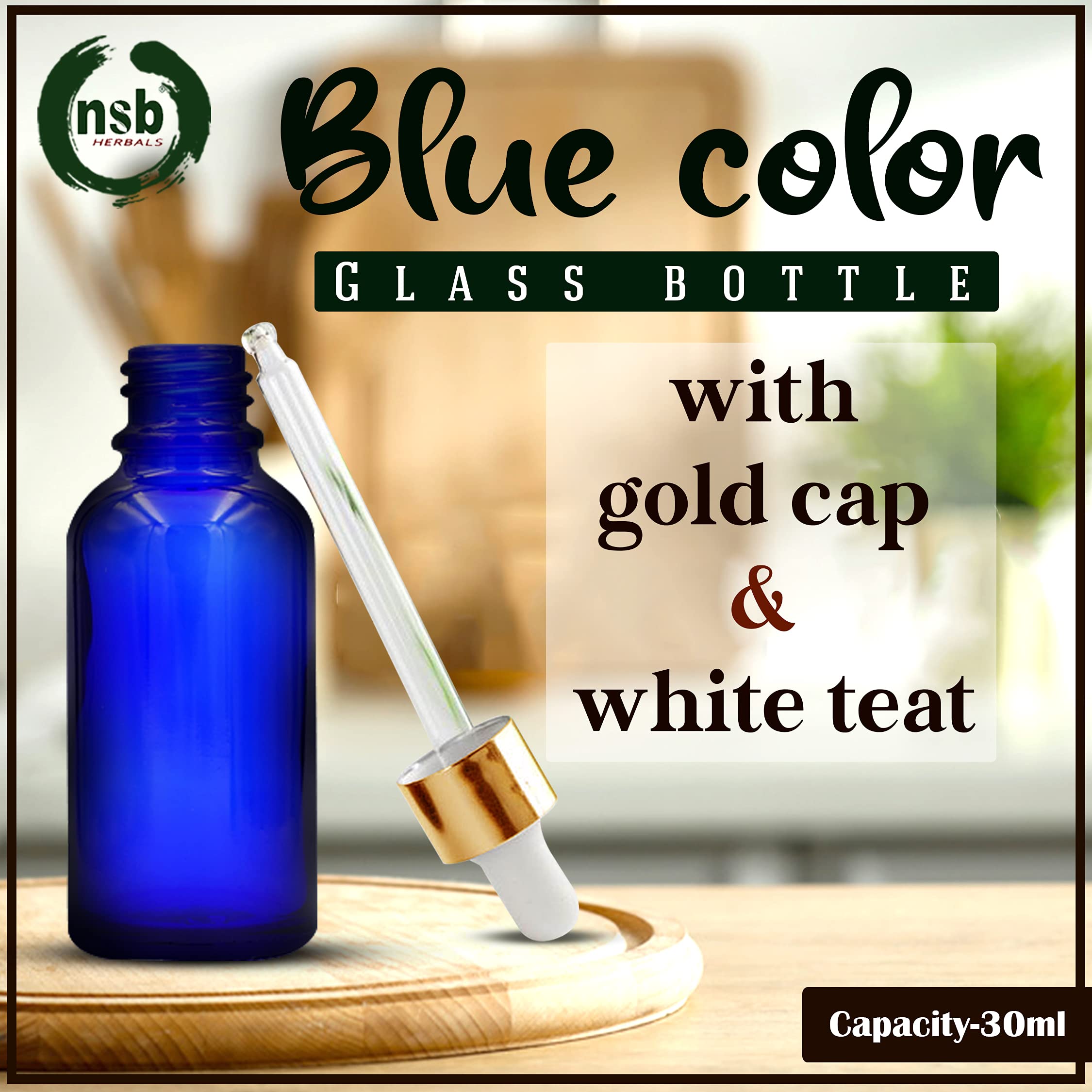 NSB Herbals 30ml Blue Round Empty Glass Bottle with Glass Dropper, Gold Ring & White Silicone Teat - Refillable, Leak Proof for Essential Oils, Perfumes, DIY Beauty (Pack of 3) - Perfect for Travel, Home Use & Gift Giving