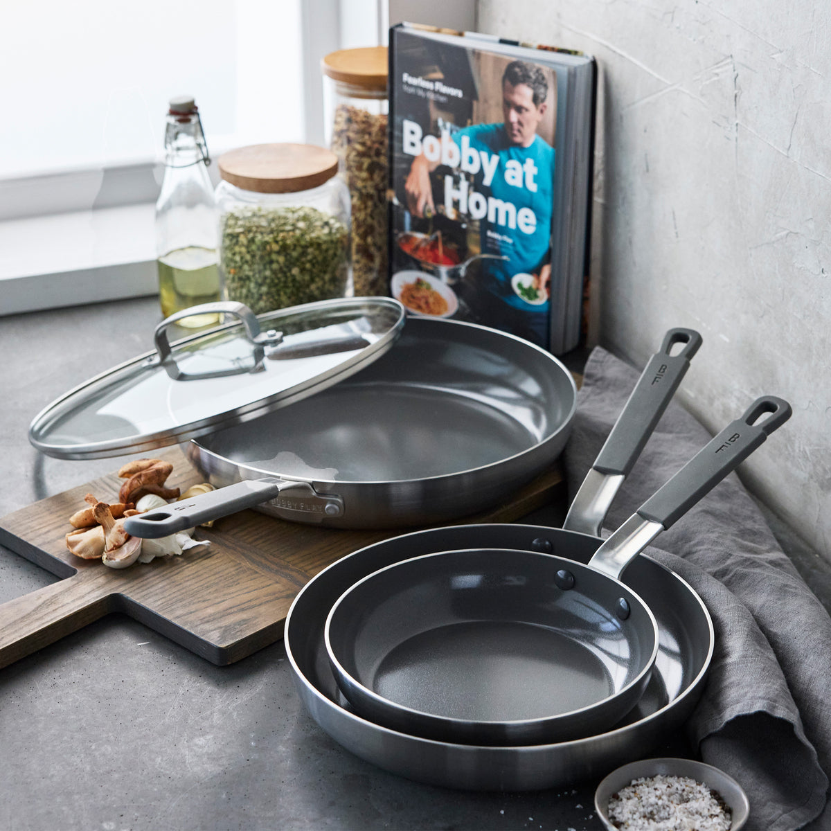 Bobby Flay by GreenPan 4-Piece Stainless Steel Cookware Set with Nonstick Frying Pans & Bobby at Home Cookbook - Perfect for Home Chefs, Professional Kitchens & Gourmet Cooking