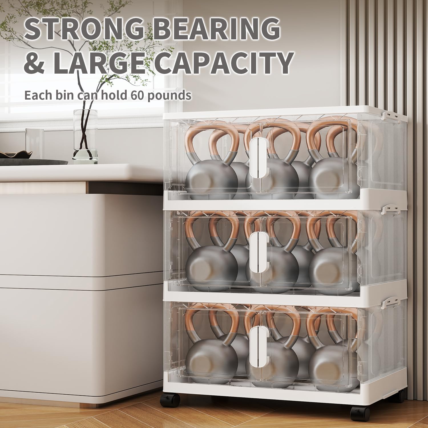 Clear 15 Gallon Collapsible Storage Bins with Lids & Wheels - 5 Pack Plastic Organizing Bins for Closet, Clothes & Home Storage | Stackable, Space-Saving Solution for Bedroom, Garage & Office Organization