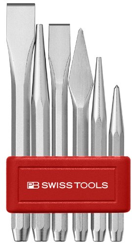 PB Swiss Tools Medium Chisel and Punch Set with Plastic Holder - Professional Woodworking & Metalworking Tools for DIY and Craft Projects