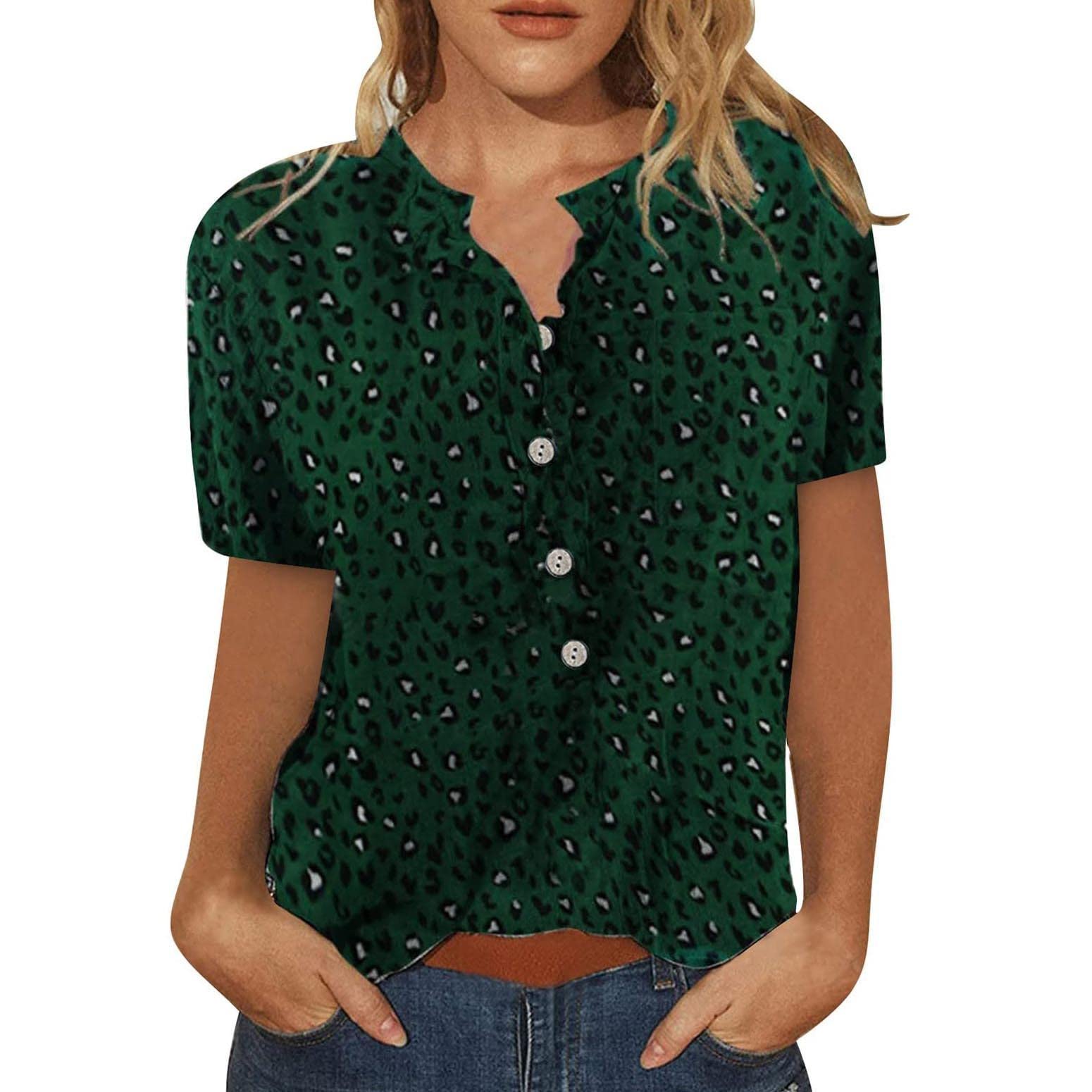 Women's Henley Shirts Short Sleeve Trendy Printed T-Shirts - Casual Scoop Neck Blouses with Front Pocket & Loose Fit for Everyday Wear, Summer Outfits and Weekend Style