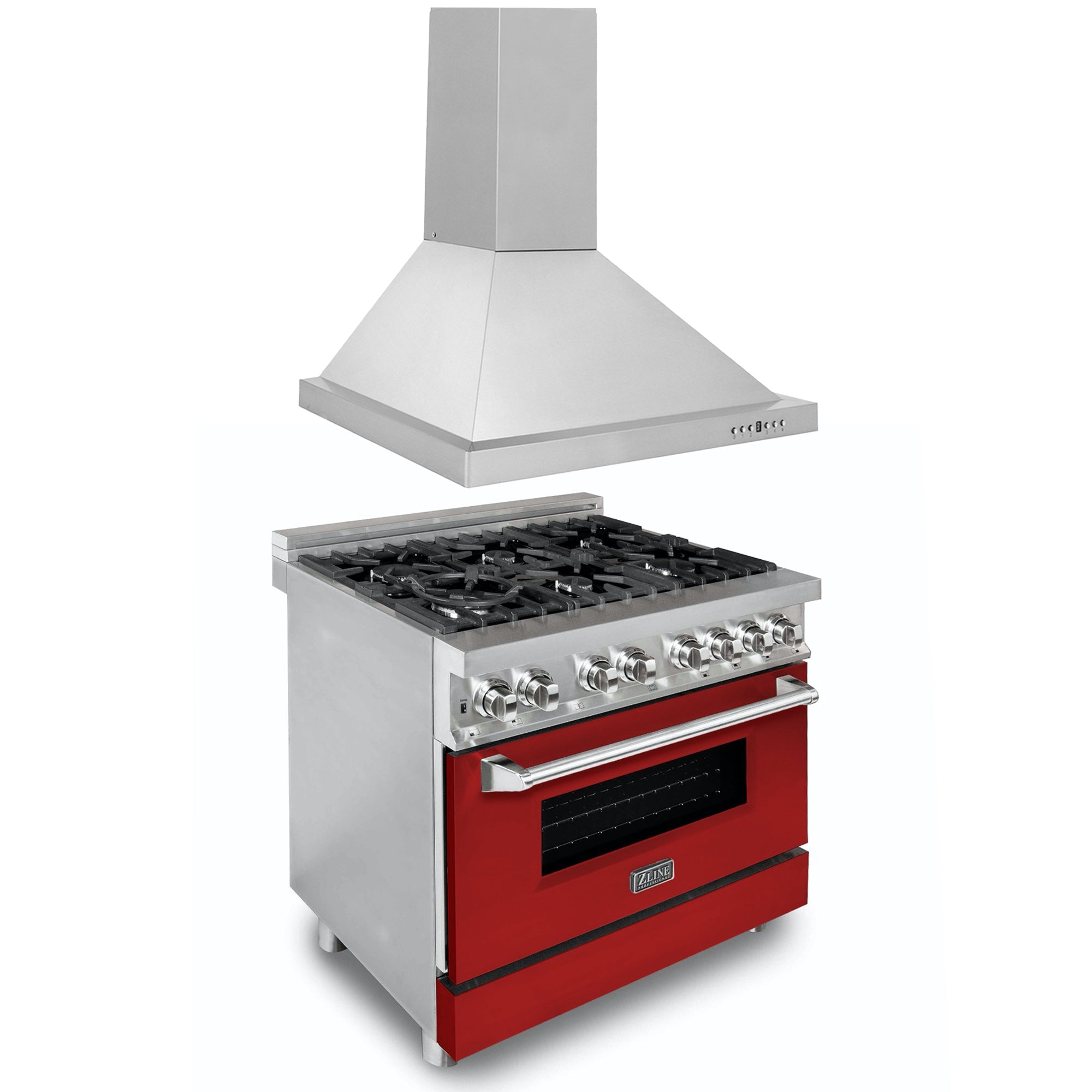 ZLINE 36 Inch Professional Kitchen Package - Satin Stainless Steel Dual Fuel Range with Red Matte Door & Convertible Vent Hood (2KP RARMRH36) | Perfect for Modern Home Chefs & Open Concept Kitchens