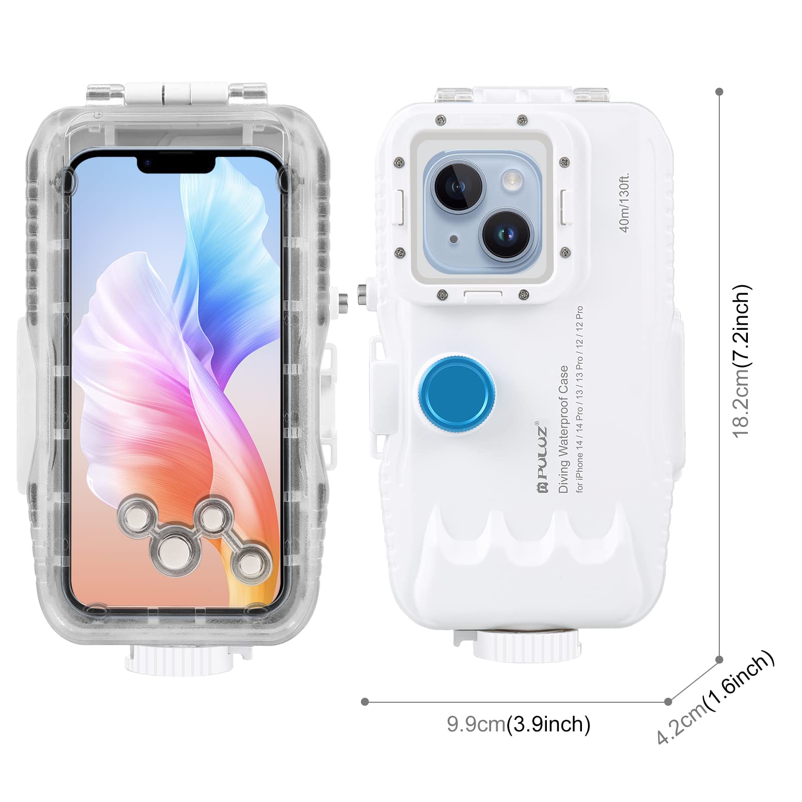 PULUZ 40m/131ft Waterproof Diving Case for iPhone 14/14 Pro/13/13 Pro/12/12 Pro - Professional Underwater Photography Housing with One-Way Valve for Snorkeling, Scuba Diving & Beach Vacations (White)
