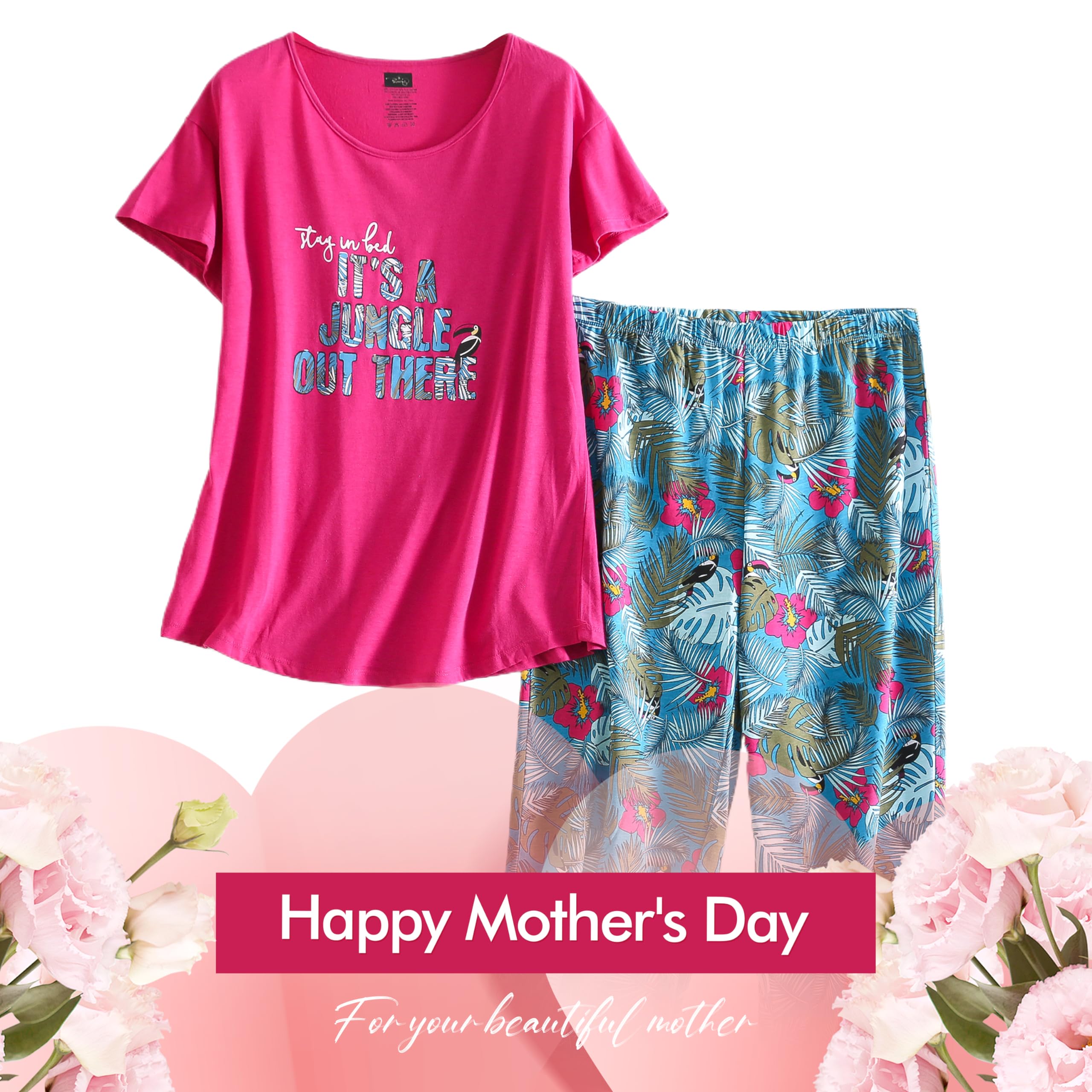 Inadays Women's Cotton Pajama Sets - Short Sleeve Top & Capri Pants 2-Piece Lounge Set | Soft Summer Sleepwear for Women | Perfect for Nighttime Comfort, Lounging & Vacation Wear