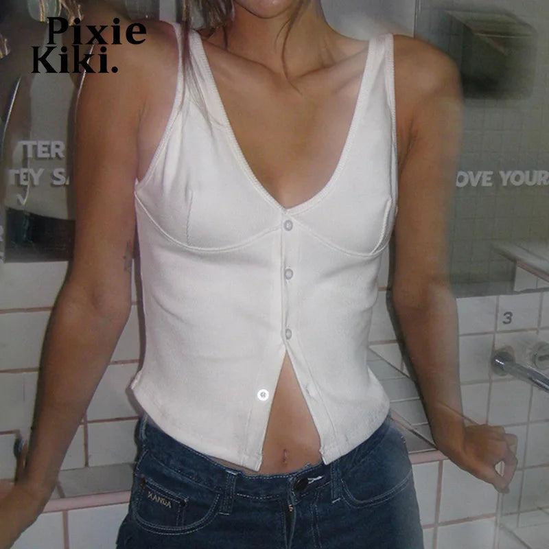 Women's Basic White Ribbed Tank Top - Casual Button Up V-Neck Sleeveless Summer Tops 2024 | Perfect for Beach Outings, Layering & Everyday Wear
